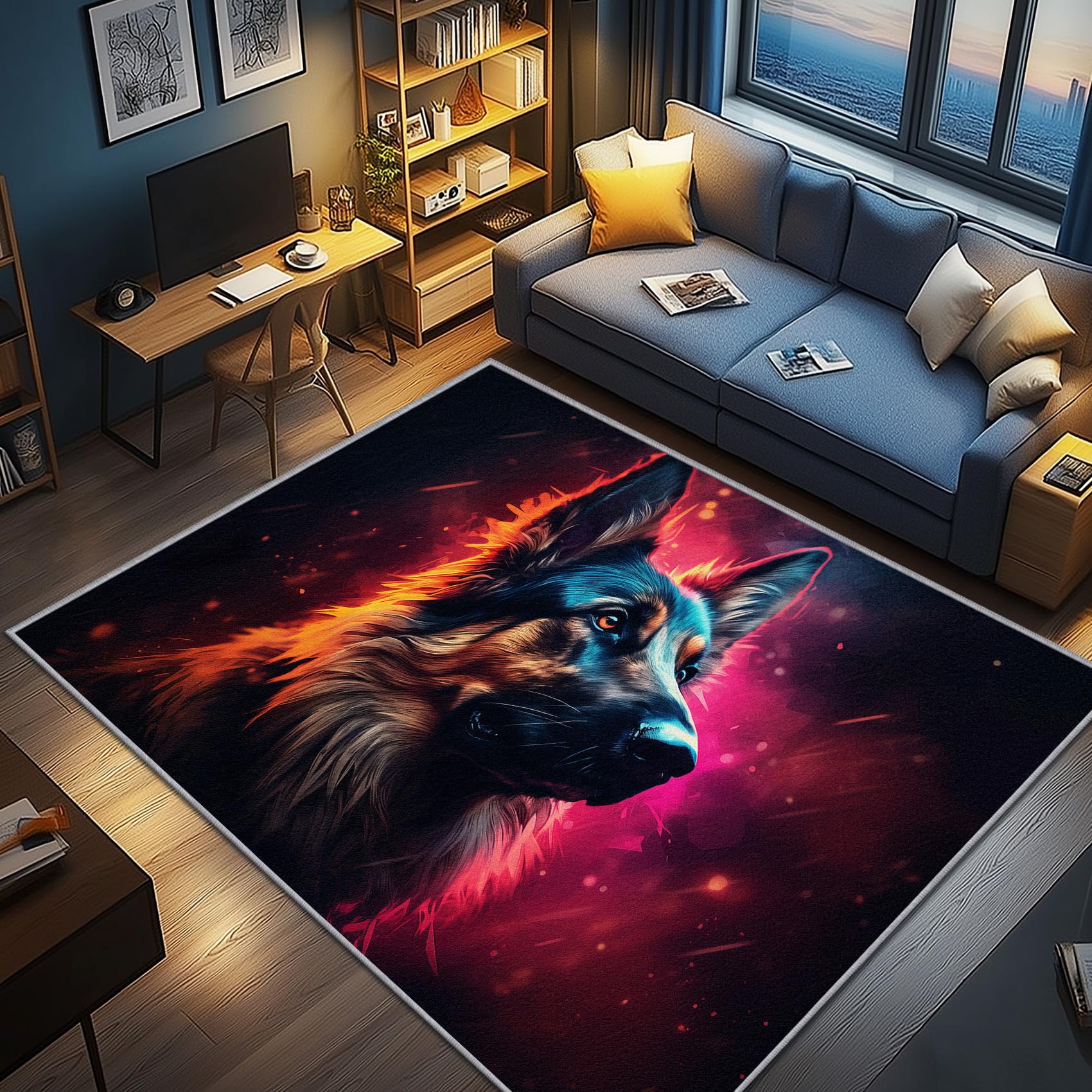 Deutscher Schäferhund Deko, Cool Hund Teppich 120x160 Kurzflor, Teppich Wohnzimmer Hundemotiv, Weich rutschfest Waschbare Teppiche, Bettvorleger Schlafzimmer Kinderzimmer