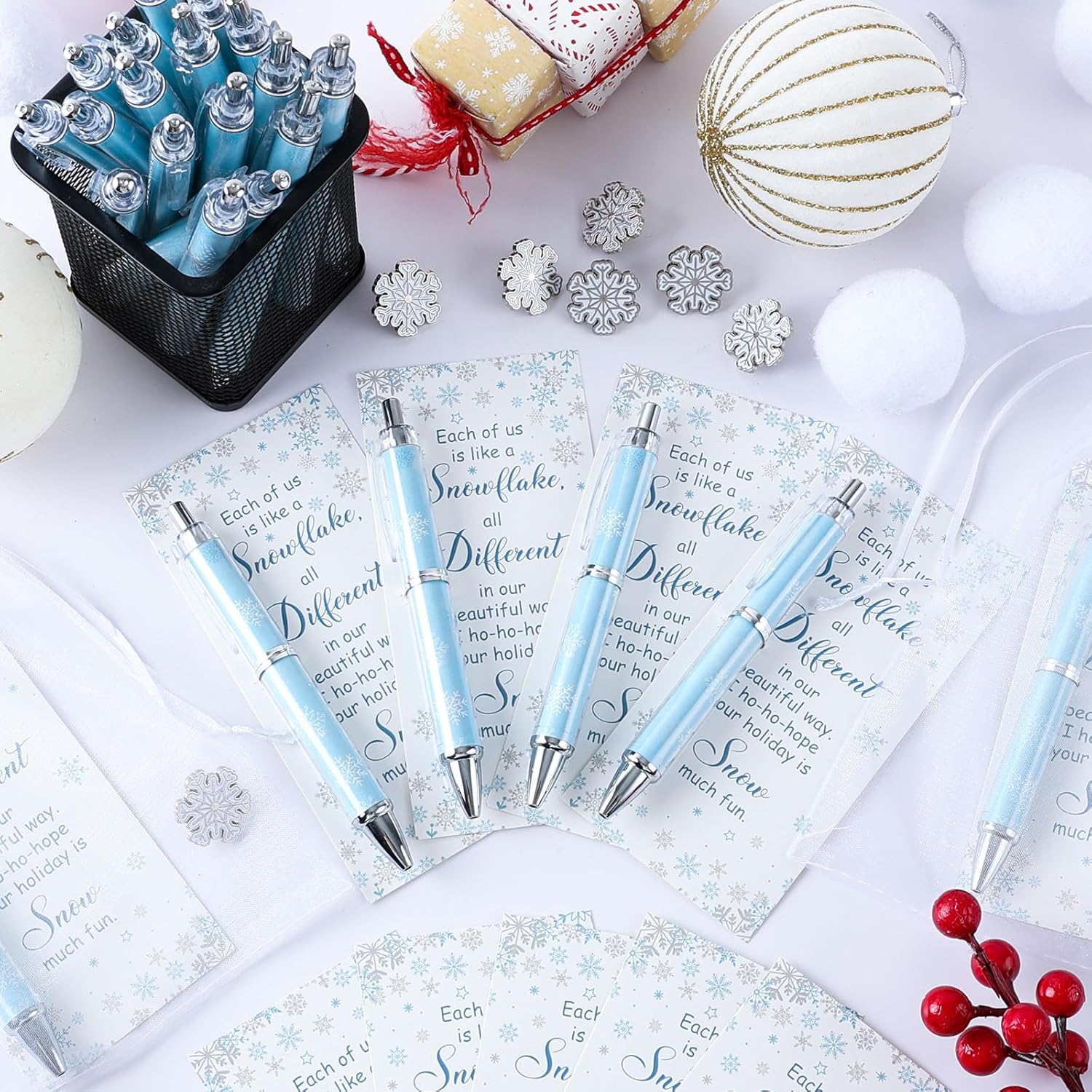 24 Sets Winter Gift Bulk Winter Pens Snowflake Pins with Organza Bags Information Card for Holiday Classroom Party Favor Adult School Office Supplies