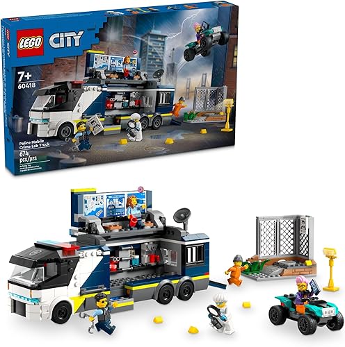 LEGO Camión de laboratorio móvil de policía de la ciudad, juguete de policía de simulación, incluye quad, 2 oficiales, 1 científico y 2 minifiguras