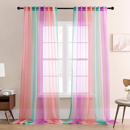 Vista 45 de XiDi Ombre Sheer Curtain Panel Set,Pink Green and Purple Semi Transparent Voile Drapes Short Sheer Curtains for Girls Bedroom Decor,2 Packs 52inch