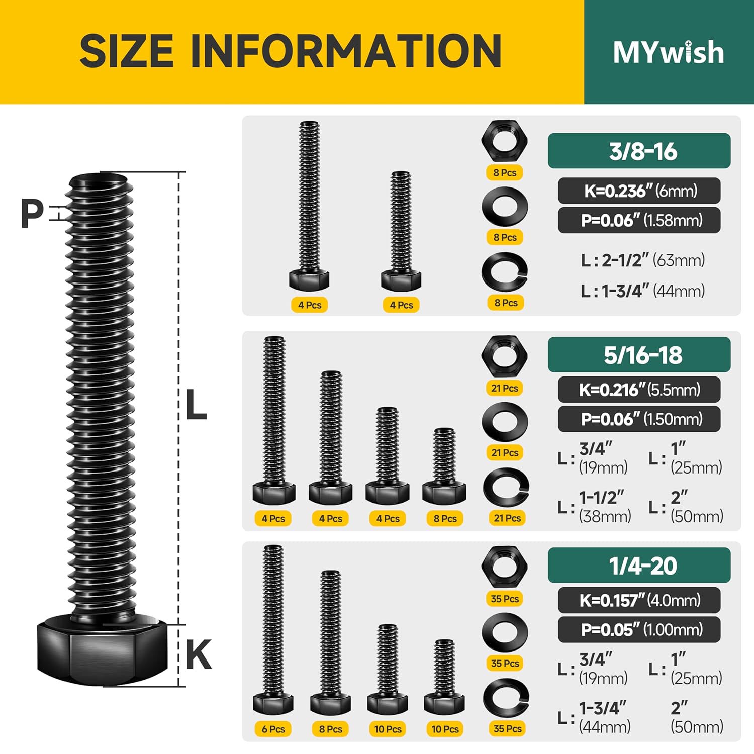 Mywish 254Pcs Nuts and Bolts, 1/4 20 5/16 18 3/8 16 Bolt, Heavy Duty 304 Stainless Steel Bolts and Nuts Kit with Flat Spring Washers, Fully Threaded & Black Oxided, 10 Common Size
