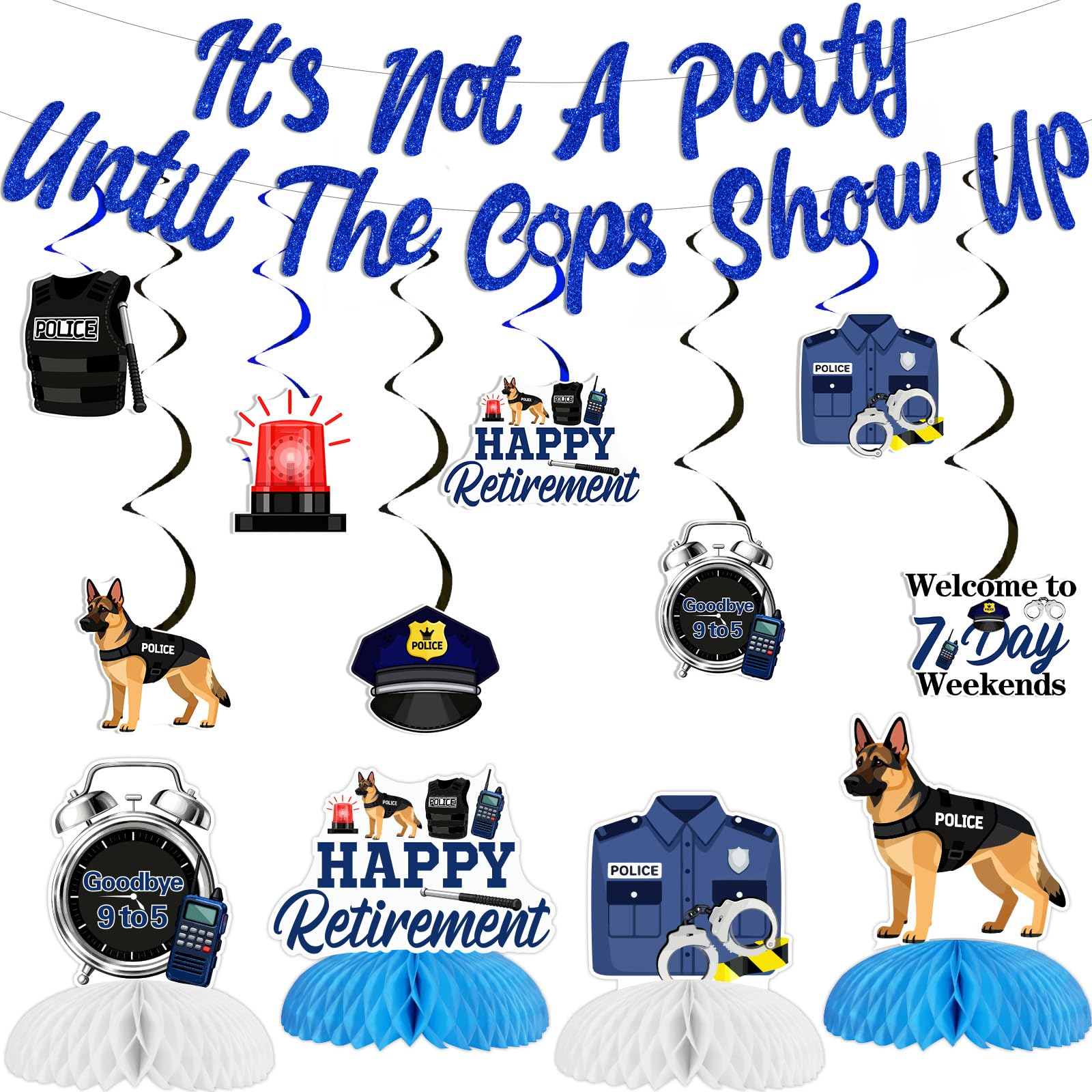 Jollyboom Police Retirement Party Decorations, It's Not a Party Until The Cops Show Up Banner Hanging Swirls Ceiling Streamers Table Honeycomb Centerpieces for Police Happy Retirement Graduation
