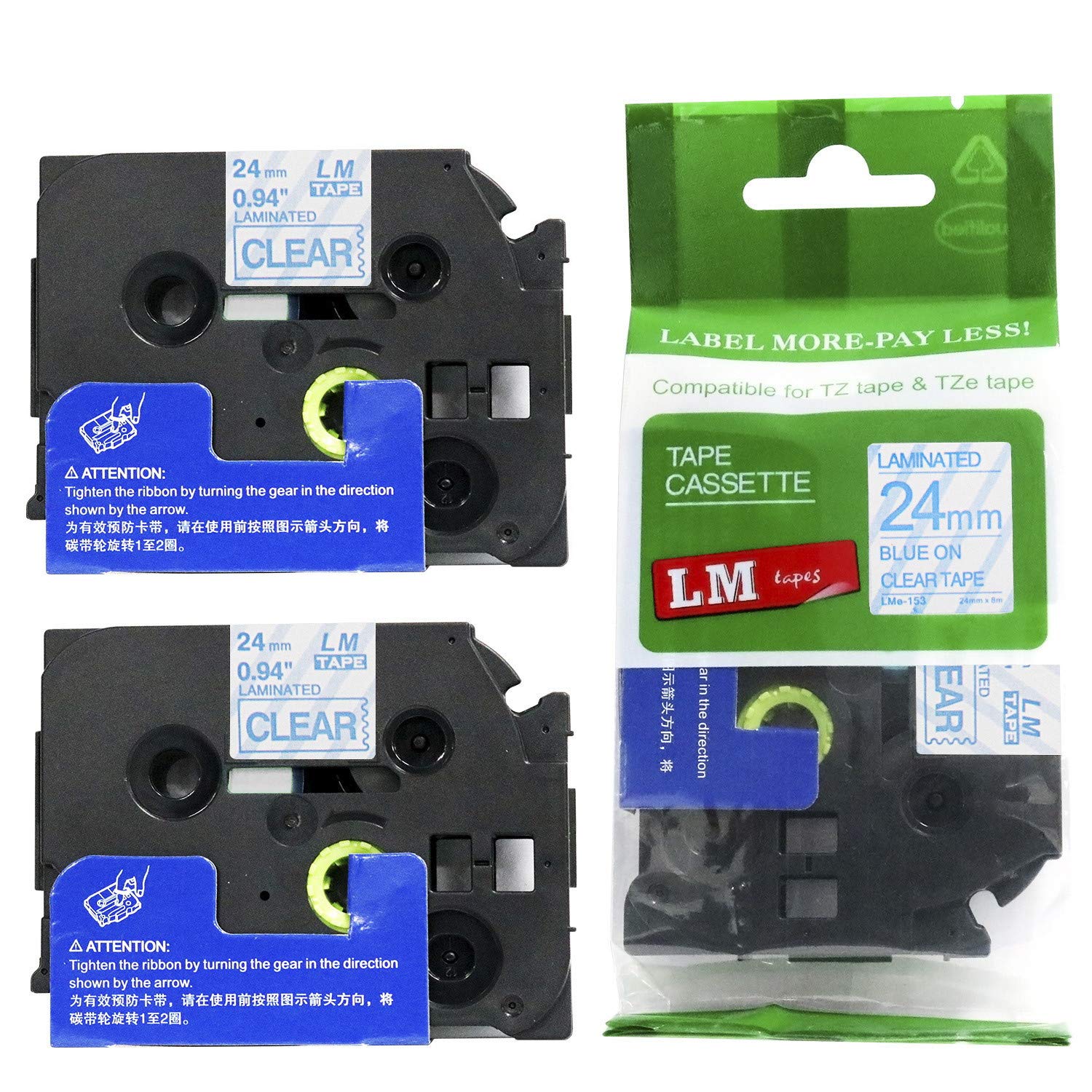 2/Pack LM Tapes - LMe153 Premium 1" Blue Print on Clear Label Compatible with Brother TZe-153 P-Touch and Includes Tape Color/Size Guide. Replaces
