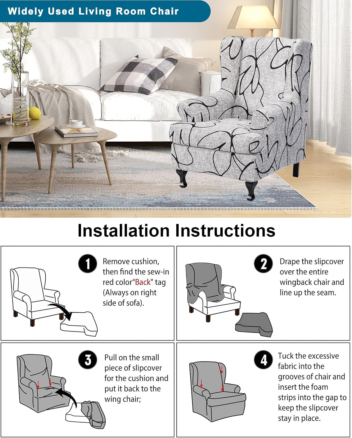 CRFATOP 2 Piece Stretch Wingback Chair Cover Printed Wing Chair Slipcovers Spandex Fabric Wingback Armchair Covers with Elastic Bottom for Living Room Bedroom Wingback Chair,C30