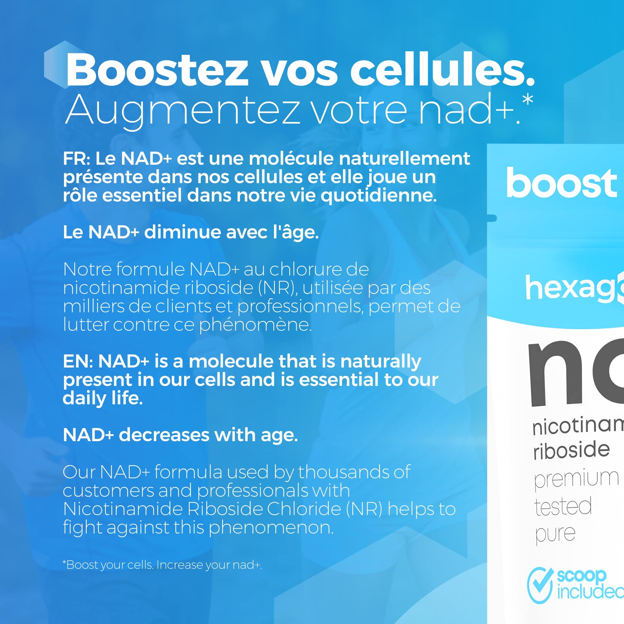 NAD+ Nicotinamide Riboside Chloride - +31 Jours de Cure - Poudre Pure, 10 Grammes - Contre l'âge et la fatigue - NAD Booster - Fabriqué et Testé en France - Vegan - Hexagon