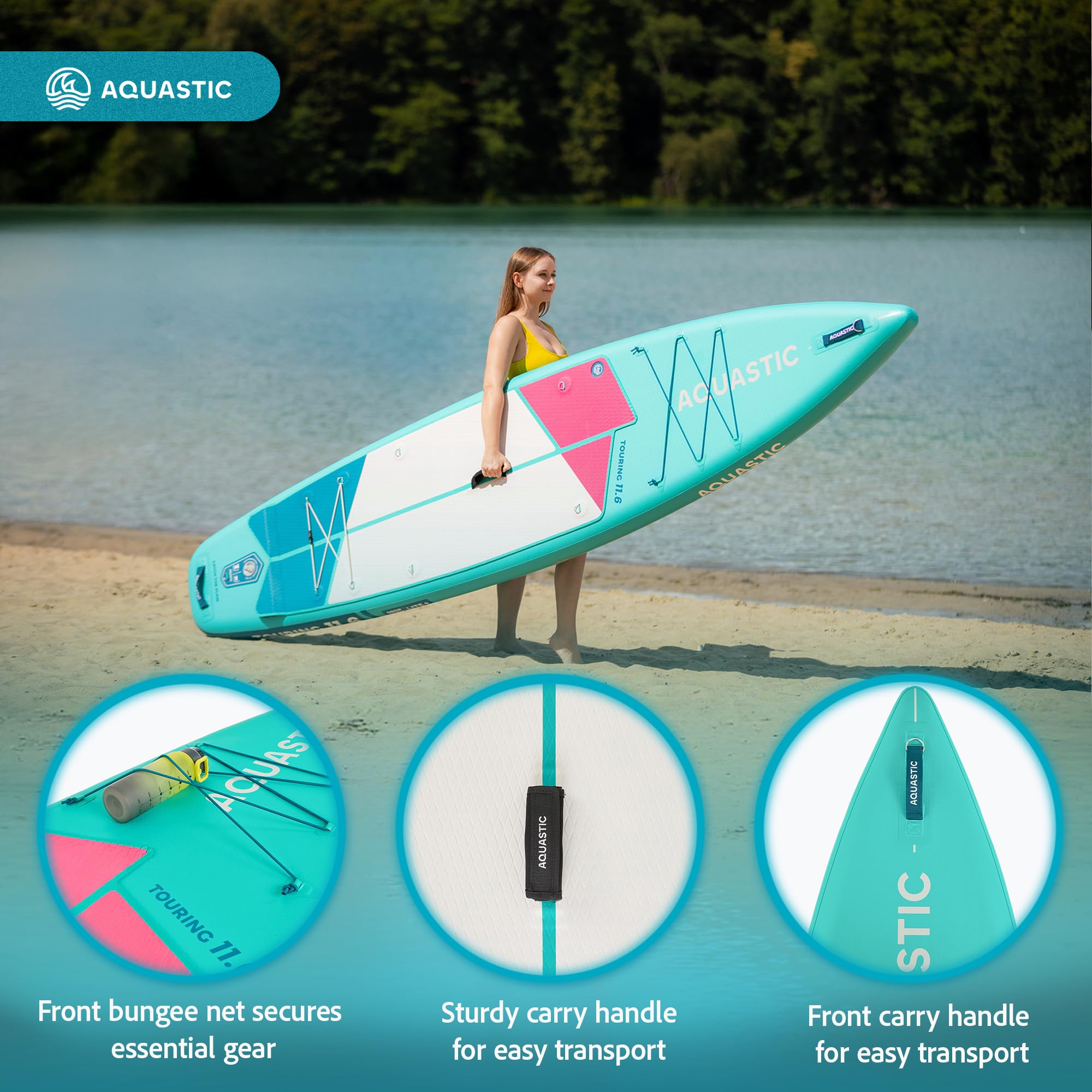AQUASTIC Touring nadmuchiwana deska SUP 350 x 79 x 15 cm, maksymalne obciążenie 130 kg, pierścienie D do siedzenia kajakiem | 350 x 79 x 15 cm, 330 l, do 130 kg, z siedziskiem kajakowym, wiosłem 2 w 1, pompką i plecakiem
