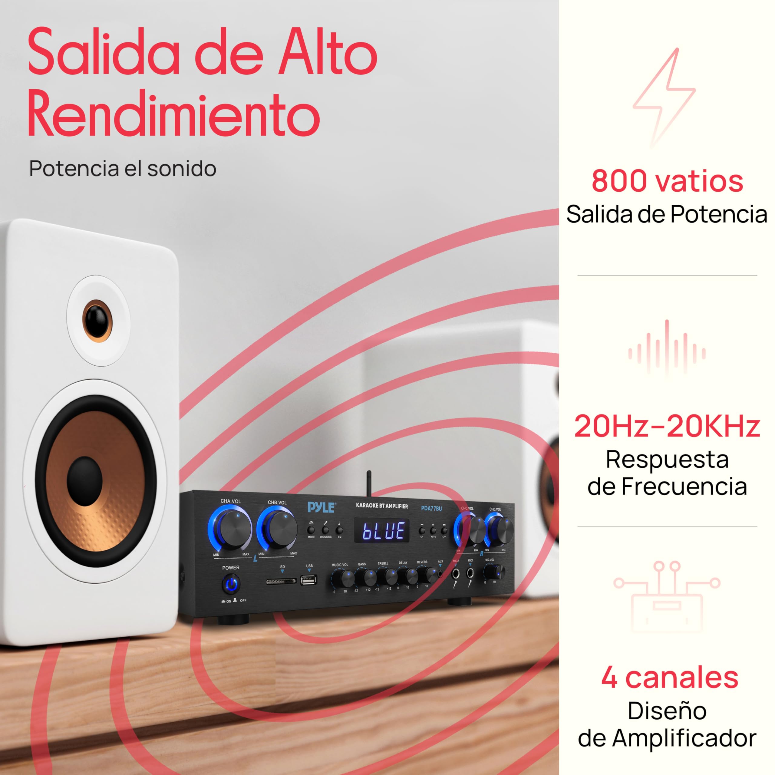 Pyle Amplificador de Cine en casa de 800 vatios, Receptor estéreo con transmisión Bluetooth, Control Independiente de Eco y Volumen de micrófono, MP3/USB/SD/AUX/radio FM
