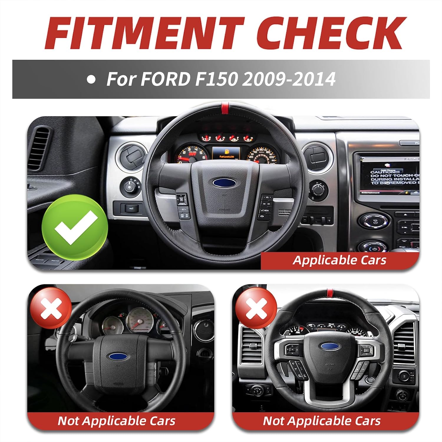 Full Black Leather Steering Wheel for Ford F-150 2009-2014, Fits SVT Raptor XL XLT Lariat FX4 Platinum, Includes Button Block-off Covers, Smooth & Perforated Grip Flat Bottom Replacement