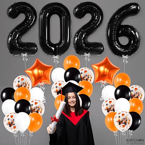 Miniatura 6 de KatchOn, Juego de globos negros 2025, gigantes de 40 pulgadas, paquete de 34 | Globos de graduación naranja y negro 2025, decoraciones de graduación