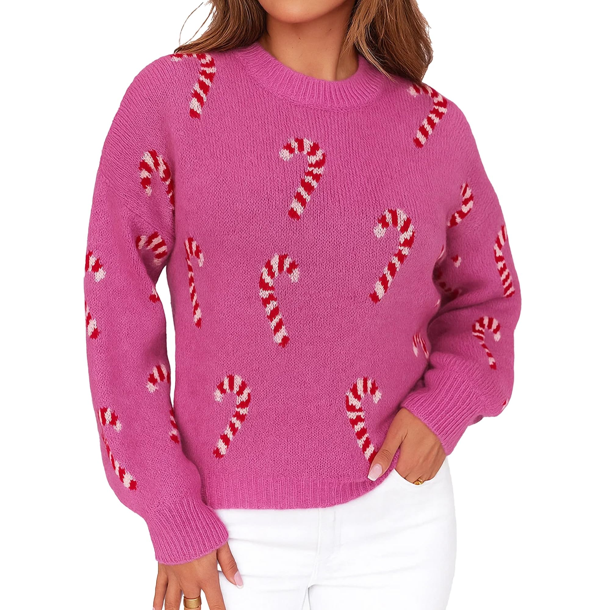Christmas Sweater for Women Soft Drop Shoulder Pullover Crewneck Cute Candy Cane Holiday Sweater