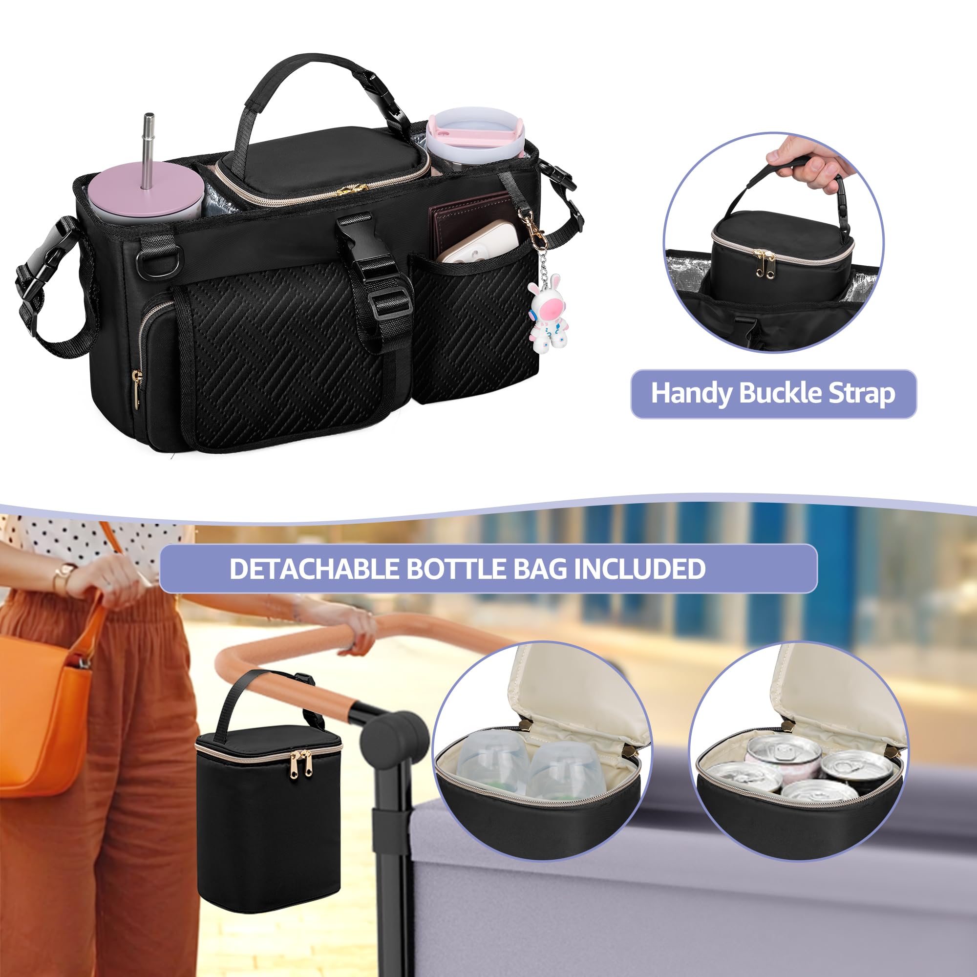 Kinderwagen Organizer für Elternkonsole, Kompatibel mit WONDERFOLD W2, Kinderwagen Caddy mit 2 Isolierten Getränkehaltern und Abnehmbarer Kühltasche, Schwarz (Leere Tasche)