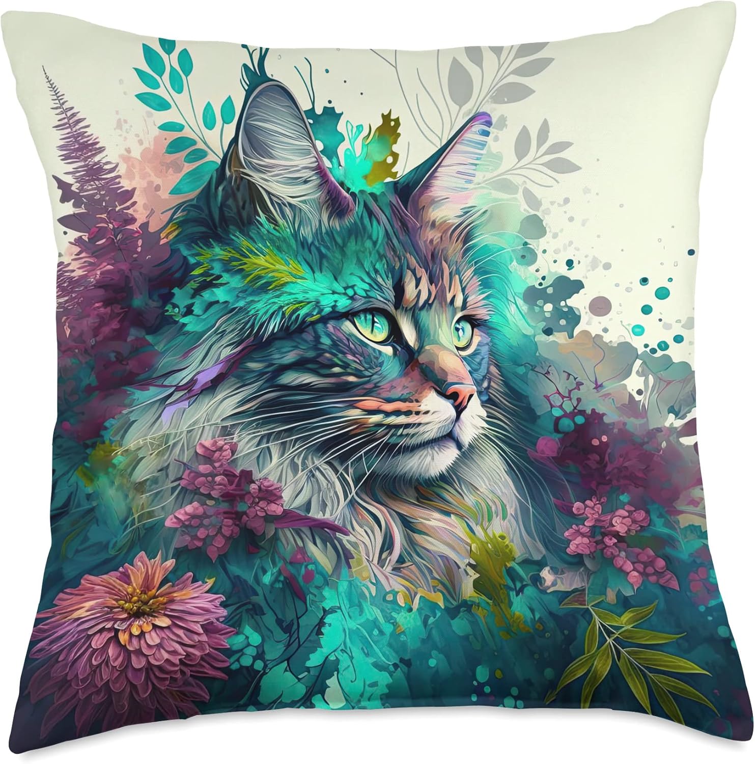 Maine Coon Cat Watercolor Splash Artistic Floral Throw Pillow