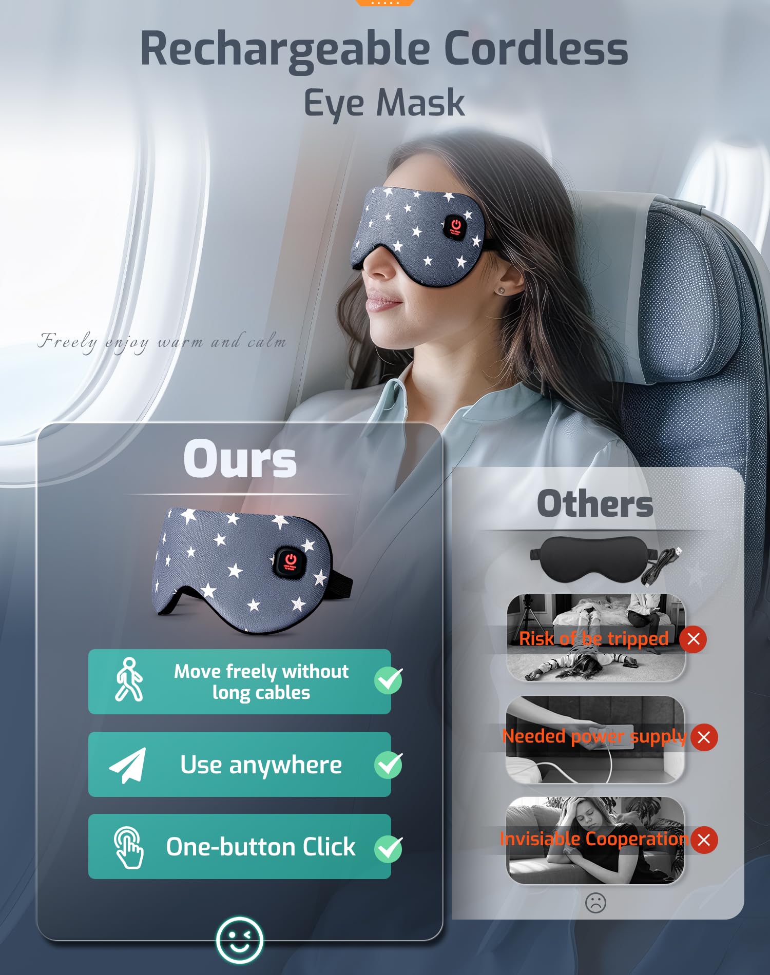 Máscara de ojos térmica, compresa de ojos cálida inalámbrica para ojos secos, blefaritis, máscara de ojos con bloqueo de luz para hombres y mujeres, máscara eléctrica cálida para dormir en avión,