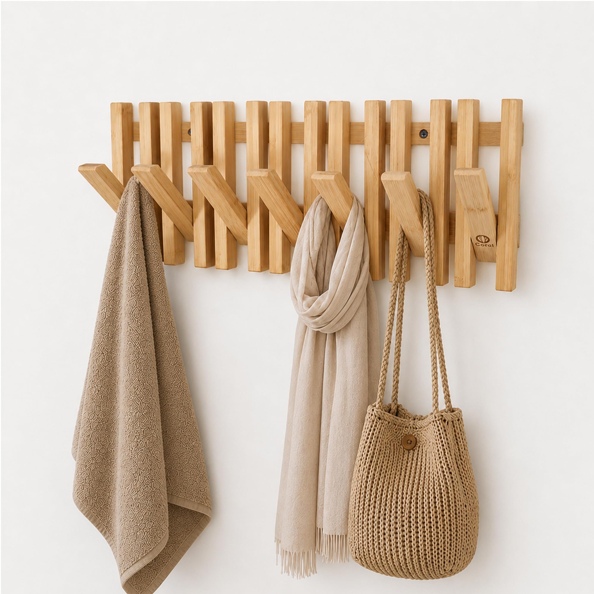 Coral® - Gancio appendiabiti in 100% legno di bambù con 7 ganci (orizzontali), appendiabiti e appendiabiti da parete, ganci da parete per vestiti e giacche, pannelli appendiabiti e ganci da appendere
