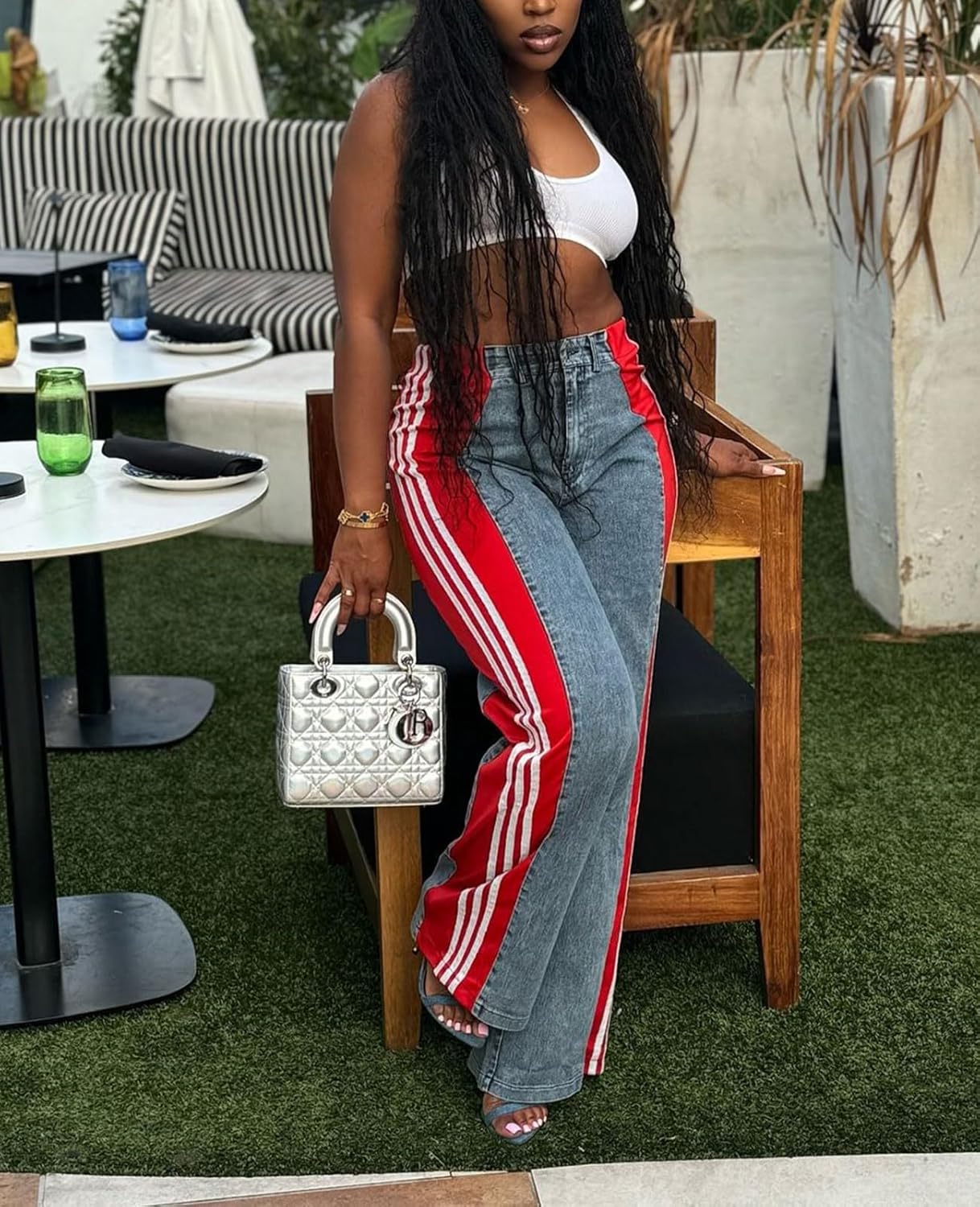 Womens Jeans High Waisted Wide Leg Striped Patchwork Color Block Stretchy Loose Straight Denim Pants - Image 3