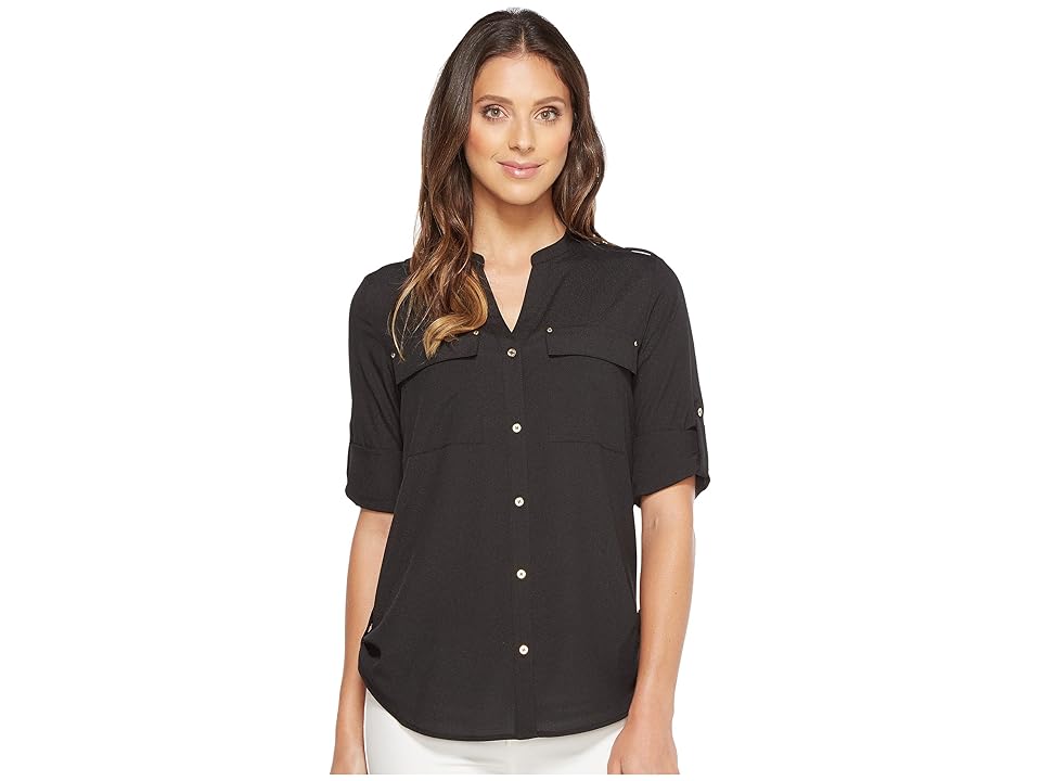 

Calvin Klein Crew Neck Roll Sleeve (Black) Women's Blouse