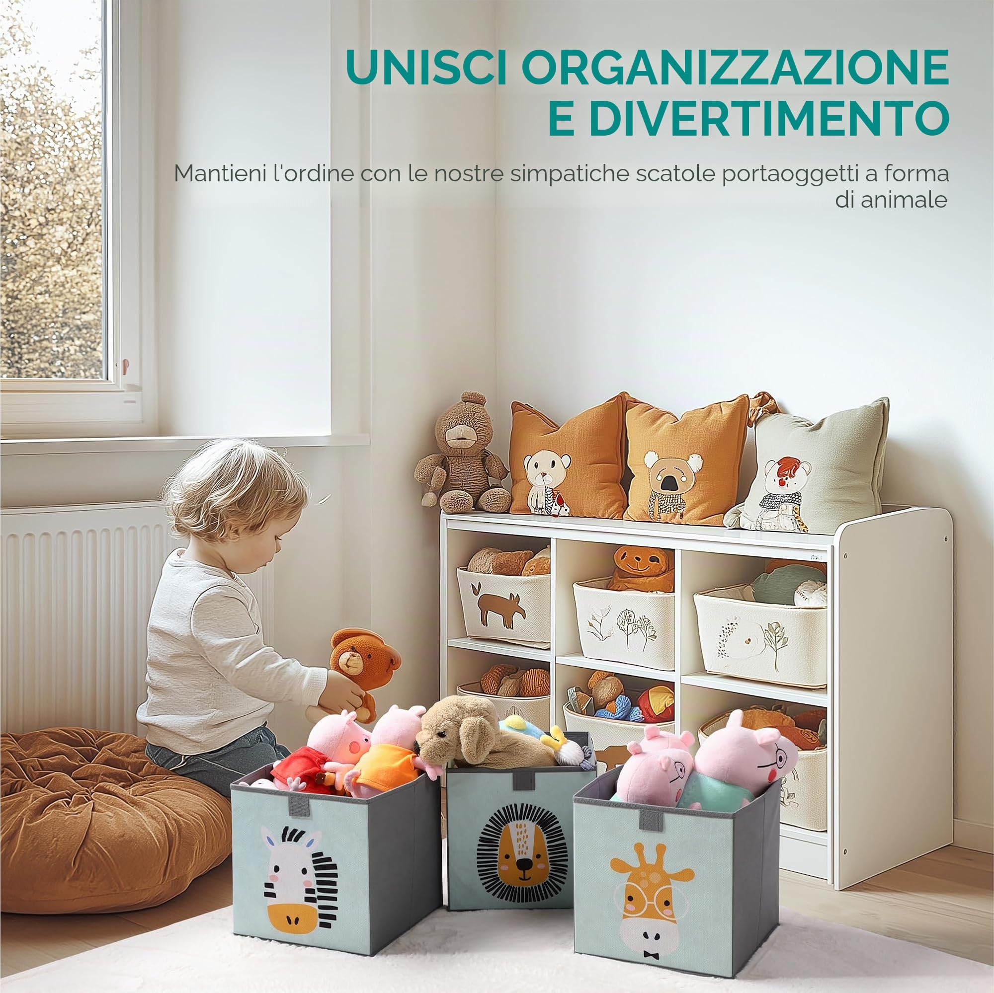 Ceste Porta Giochi Bambini Set di 3 Cubi Contenitori 28 x 28 x 28 cm Verde Menta