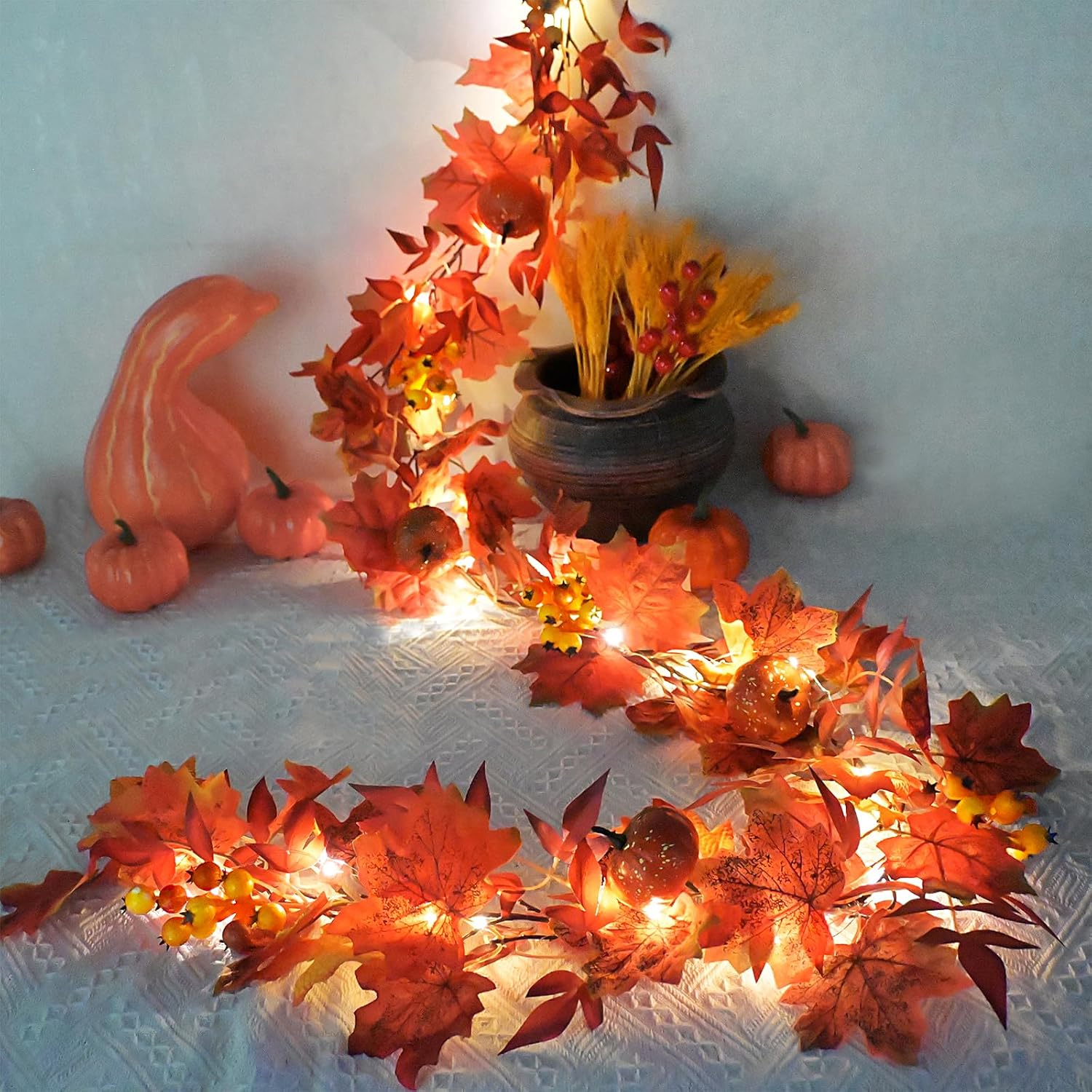 Fall Garland with Lights Timer 6.2FT Autumn Garlands Maple Leaves Pumpkin Berry Garlands, Fall Leaf Garland for Mantle Thanksgiving Harvest Christmas Decor for Table Fireplace Wall FrontDoor Mixed Red
