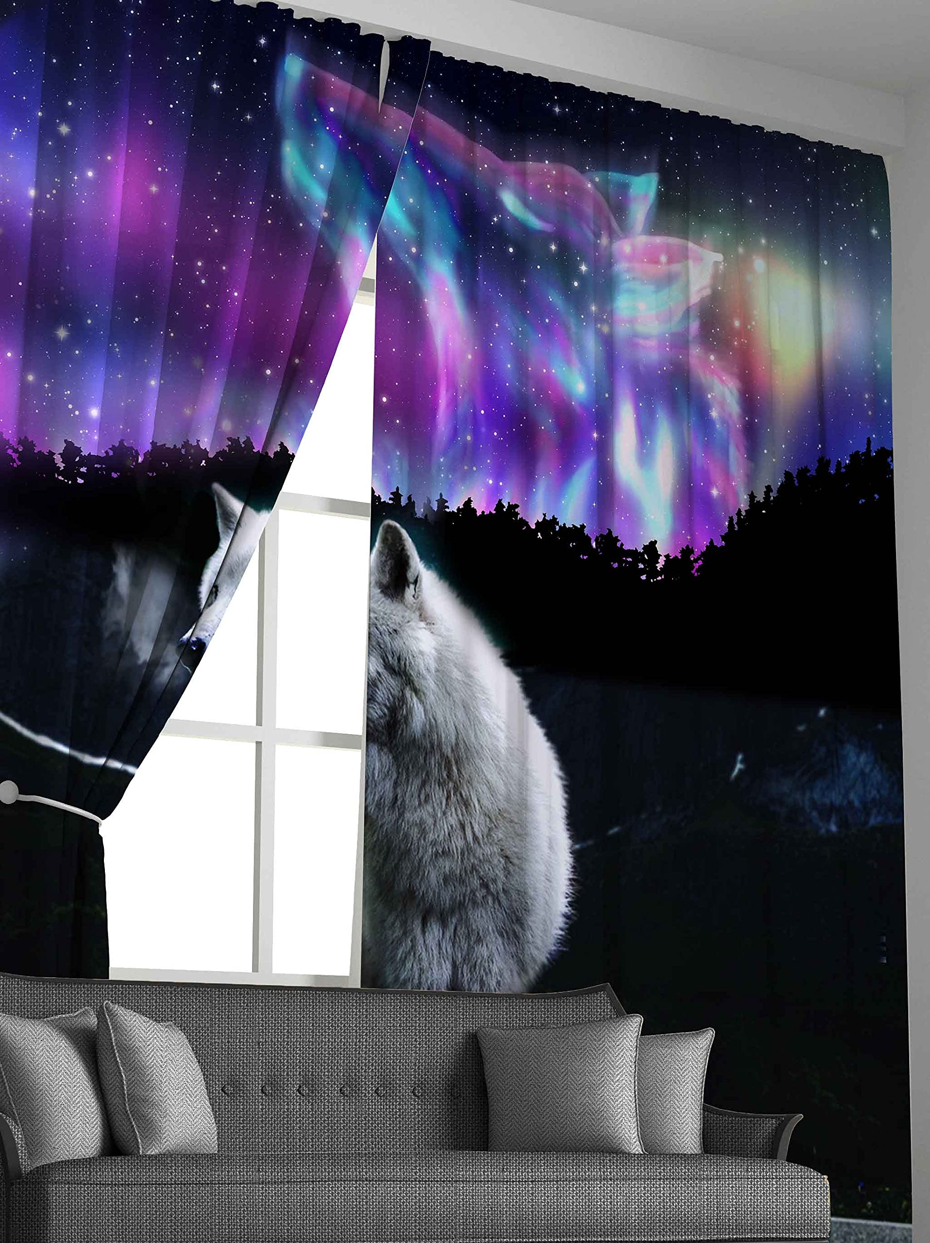 Loussiesd Wolf Thermal Curtain 3D Galaxy Wolf Curtain for Bedroom for Kids Boys Girls Cool Wildlife Room Darkening Curtain Purple Starry Sky Night Drapes,W46*L72 - Image 4