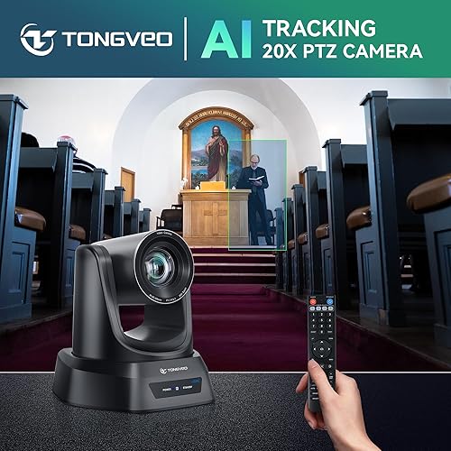Miniatura 3 de TONGVEO Sistema de cámara de conferencia PTZ de seguimiento automático 4K AI con altavoz Bluetooth y micrófono, zoom óptico 20X, cámara de potencia