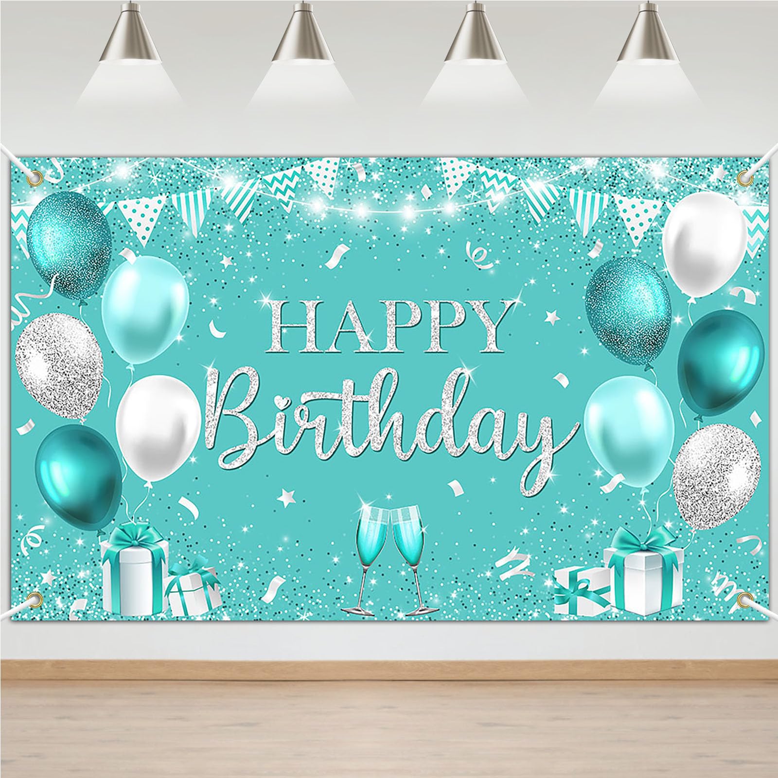 Avezano Happy Teal Birthday Banner Turquoise and Silver Birthday Backdrop Banners Teal Birthday Decorations for Women Happy Birthday Party Supplies