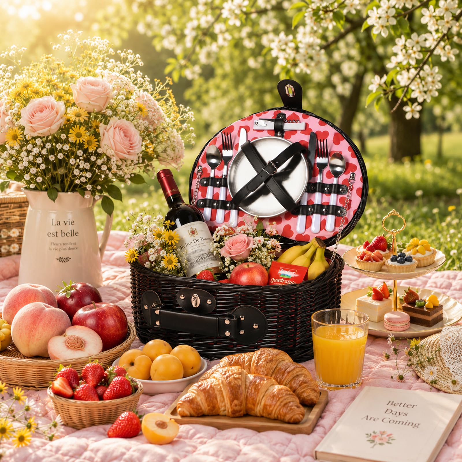 Set di cestino da picnic per 2 persone con apribottiglie, set di posate, per campeggio, spiaggia, escursionismo, barbecue e regali per famiglia/coppie, accessori