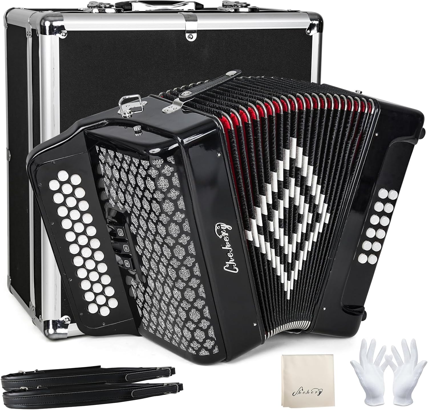 34 Key 12 Bass Accordion, F/B/E Tone Diatonic Accordion for Adults Beginners, Professional Accordion for Stage Performance, Home Practice, Music Teaching with Case, Strap, Gloves, Wipes(Black)