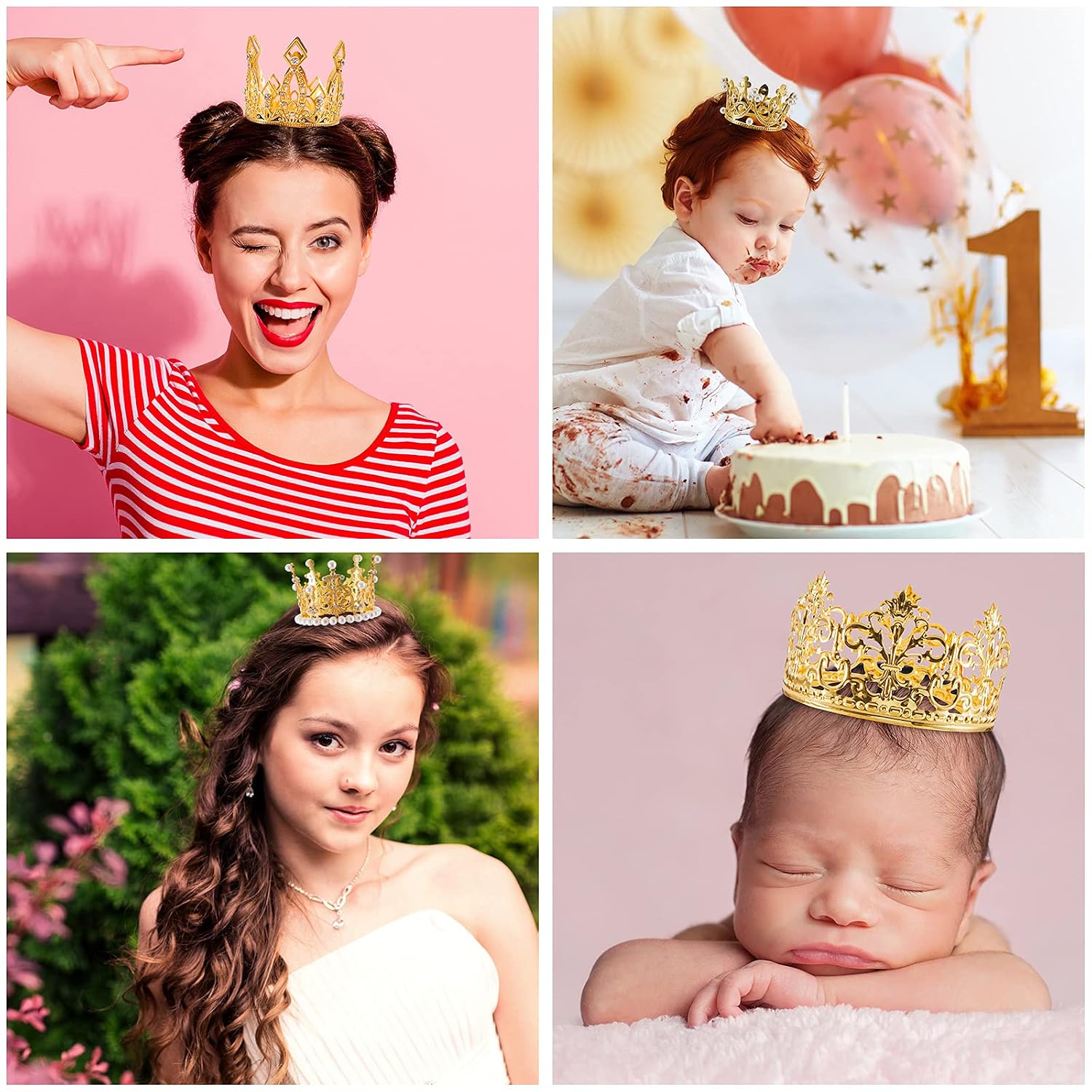 Jetec 4 Pcs Crown Cake Topper Mini Tiara Birthday Crown Crystal Pearl Vintage Small Cake Crown Topper for Birthday Wedding Party Bouquet Flower Arrangements Baby Shower Decor (Gold, Classic Style)