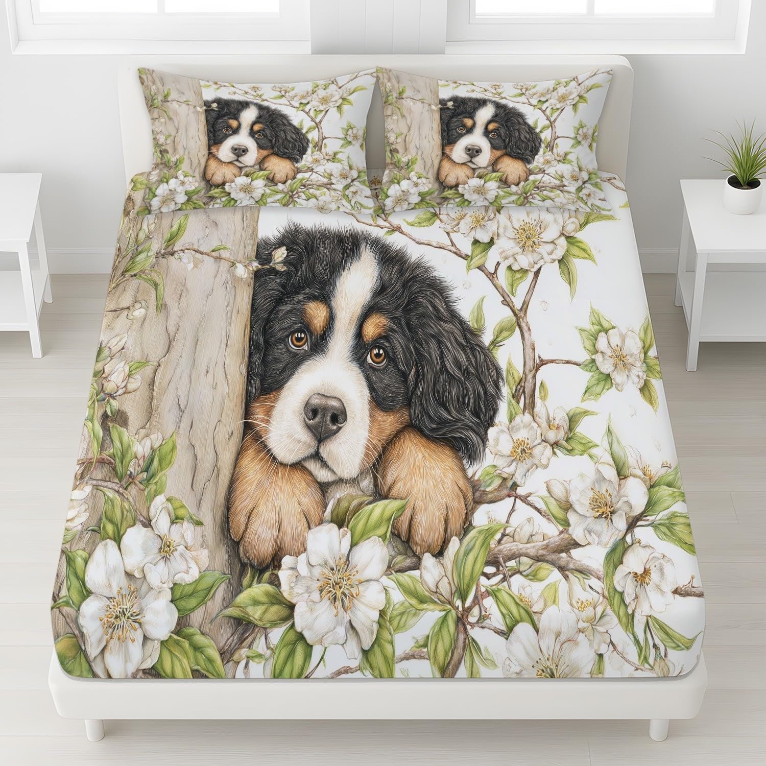 Süß Hunde Spannbetttuch Kindlich Tier Blumen Spannbettlaken 200 x 200 x 30 cm 3teilig Mikrofaser Bettwäsche Set mit 2 Kissenbezüge 80 x 80 cm Kein Flachbettlaken