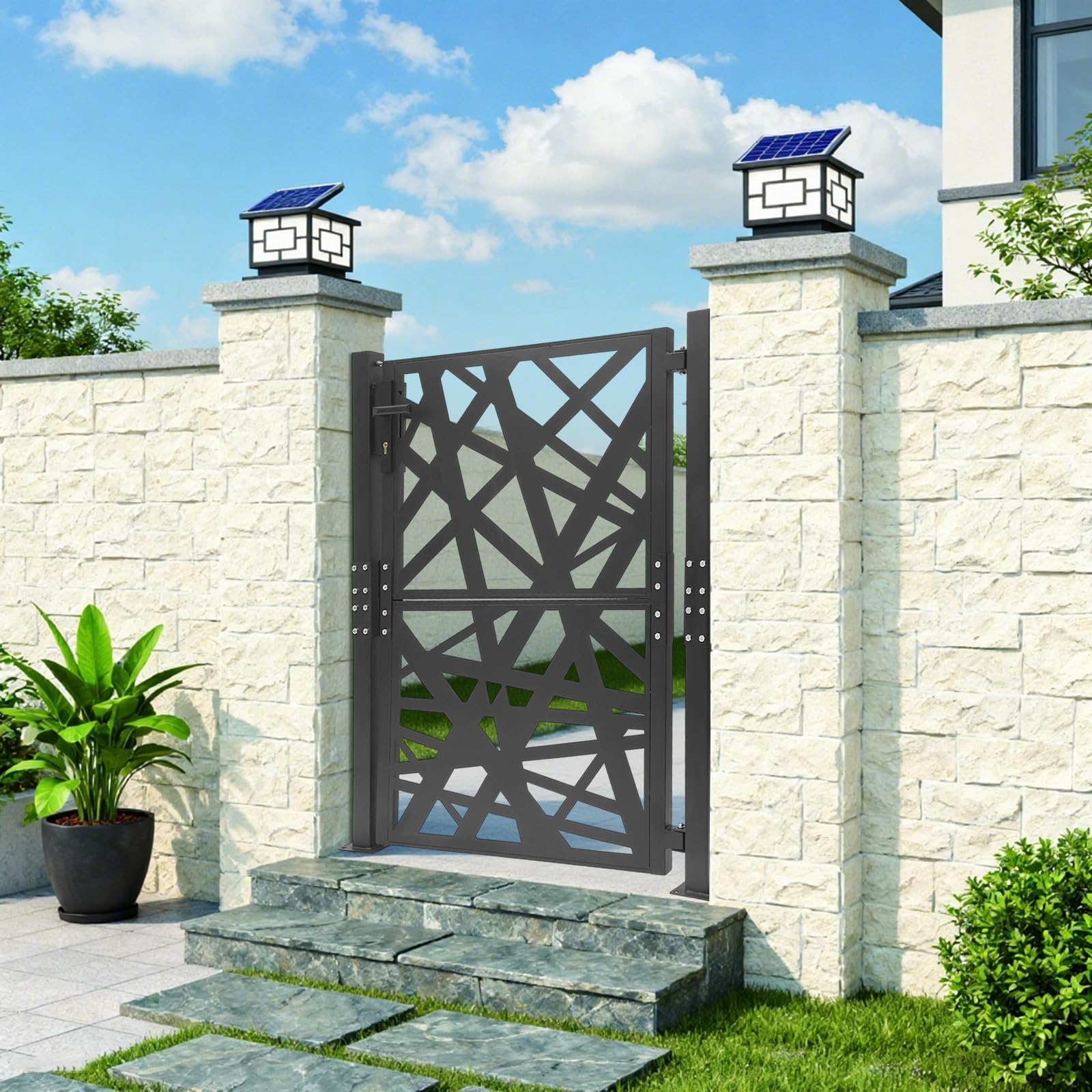 Cancello da giardino in metallo, 105 x 125 cm, con serratura, in acciaio, per giardino, terrazza, cancello da esterni, cancello in ferro, apertura e chiusura a 180° (nero)