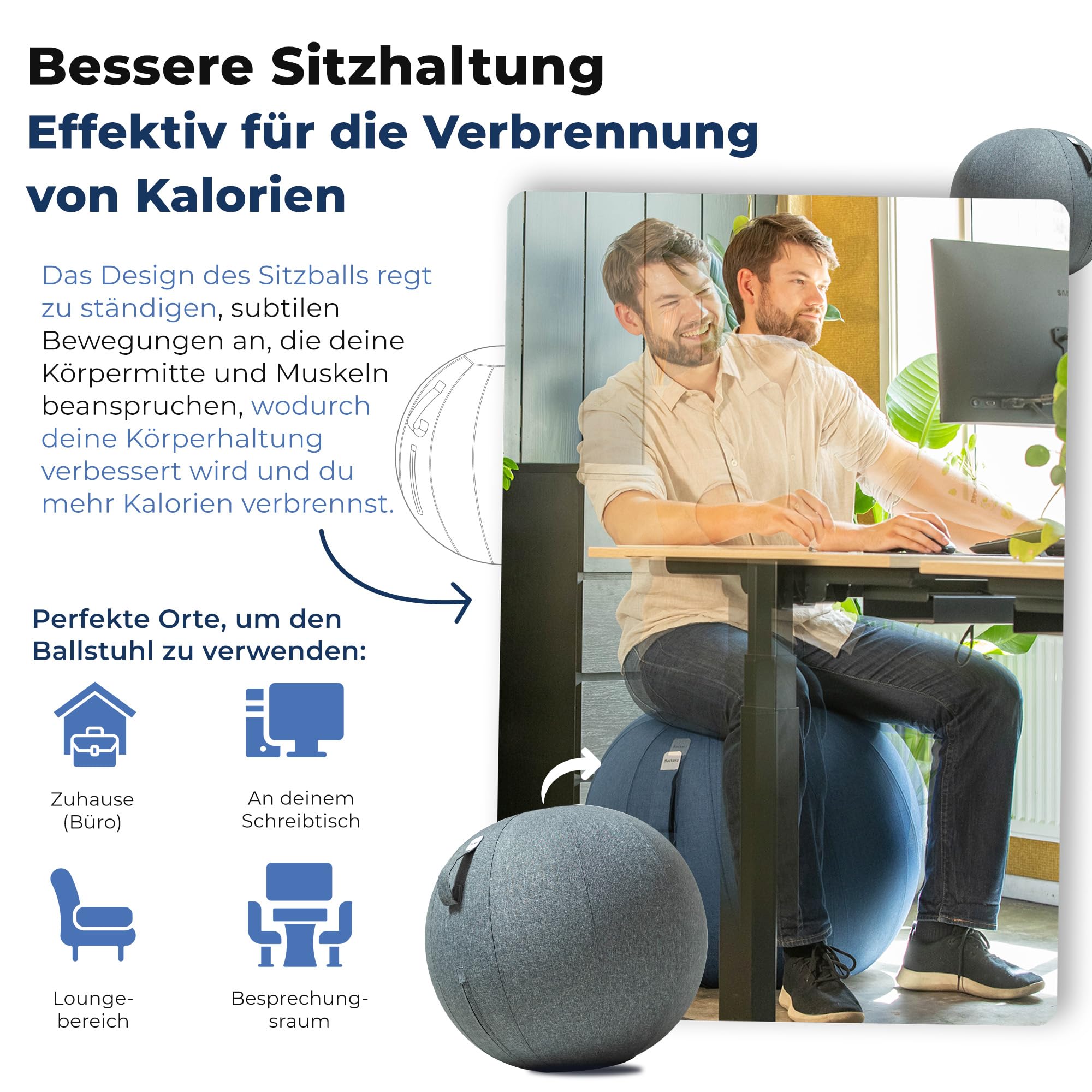 Backerz Sitzball 75 cm - Ergonomische Sitzmöbel für Büro und Heimbüro - Langlebiger Stoff, Gymnastikball - Fitness-Ball, Ballstuhl mit Ballauflage - Waschbarer Leinenbezug - Dunkelgrau