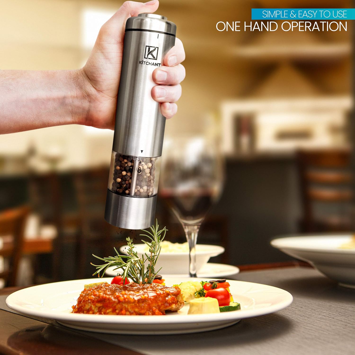 Super Deal Product Electric Salt and Pepper Grinder Set with LED Light (Pack of 2 Mills) by KÍTCHANT - Battery Operated - Stainless Steel Stand - Automatic One Hand Operation - Ceramic Grinders - Adjustable Coarseness