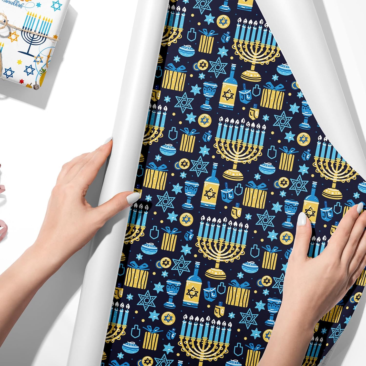 TAKEALOOKO Hanukkah Wrapping Paper Sheet - 12 Sheets Blue Star of David & Candles Design, Jewish Holiday Gift-Wrap for Party Celebration Favor, Happy Hanukkah Gift Packaging, 19.7x27.5 Inch
