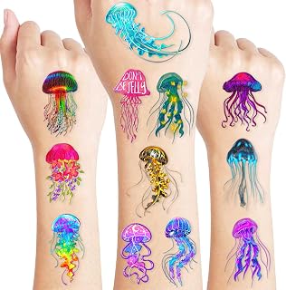 97 PCS Jellyfish Temporary Tattoos - Under The Sea Creatures Mermaid Ocean Themed Stickers for Kids Birthday Party Supplies, Decorations, Favors, and Prizes - Cute Gifts for Boys and Girls