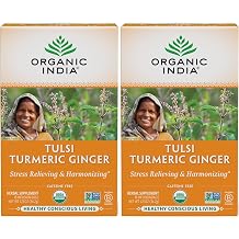 Organic India Tulsi Ginger Turmeric Tea - Organic Tulsi, Ginger & Turmeric Infusion - Bold Warming Herbal Blend with Earthy Spice - Caffeine-Free for Daily Vitality - 18 Individually Wrapped Tea Bags