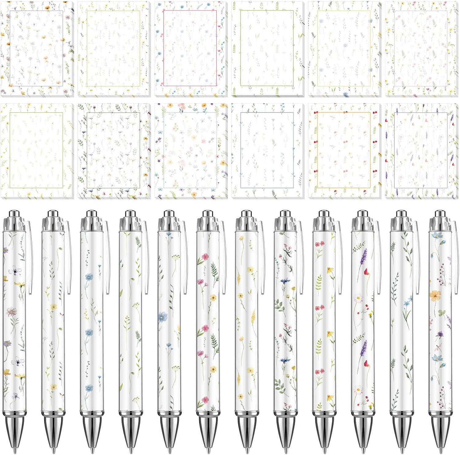 Glenmal 24 Pcs Wildflower Sticky Notes with Pens Floral Theme Teacher Gifts for Women to Do List Memo Pads Self Adhesive Notepads Black Ink Ballpoint Pen for Spring Birthday Party Favors(Classic)