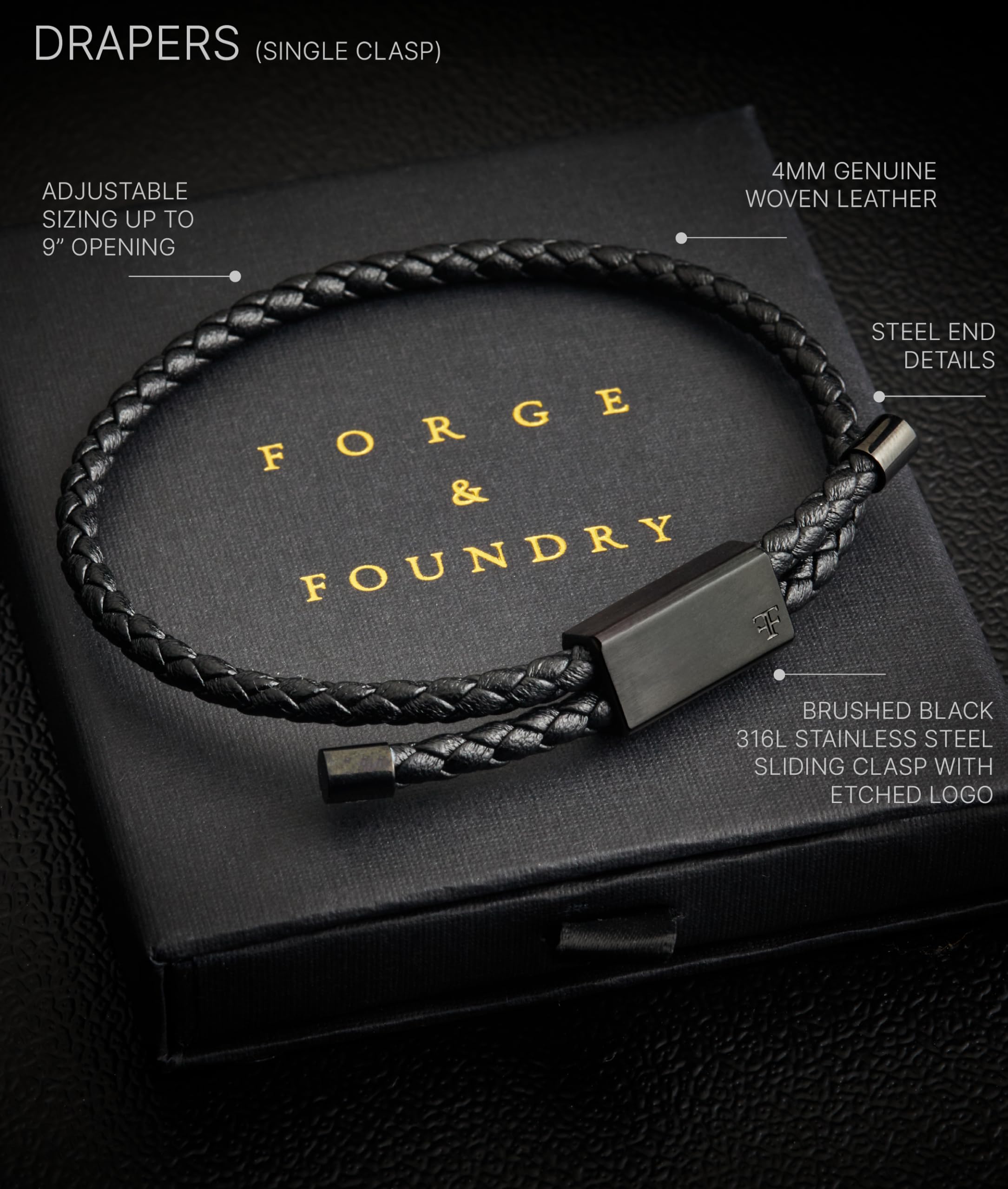 Forge & Foundry - Bracelet réglable en cuir noir pour homme - Avec curseur en acier inoxydable noir mat