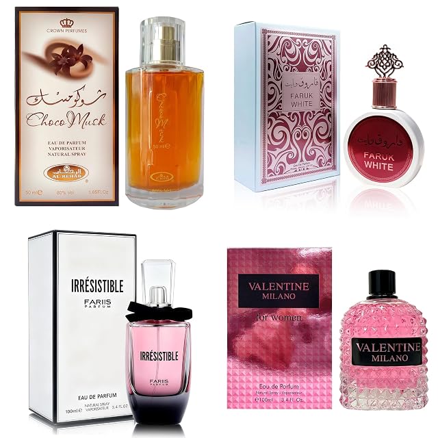 Womens Perfume Set 4PCS Long Lasting Eau de Parfum Collection - Choco Musk Milano Women Irresistible Faruk White