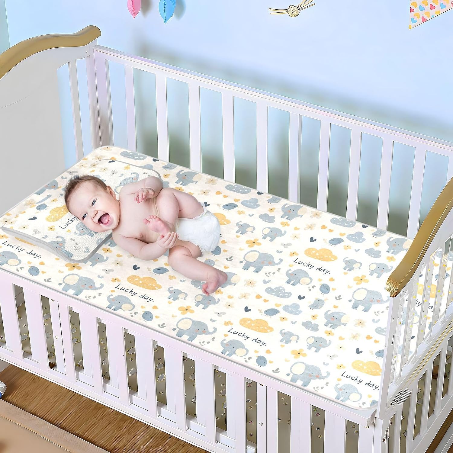 Cooling Baby Mattress pad Cover 28" x 52" Washable Blue Elephant Cartoon Cute Mattress pad for Baby&Toddler