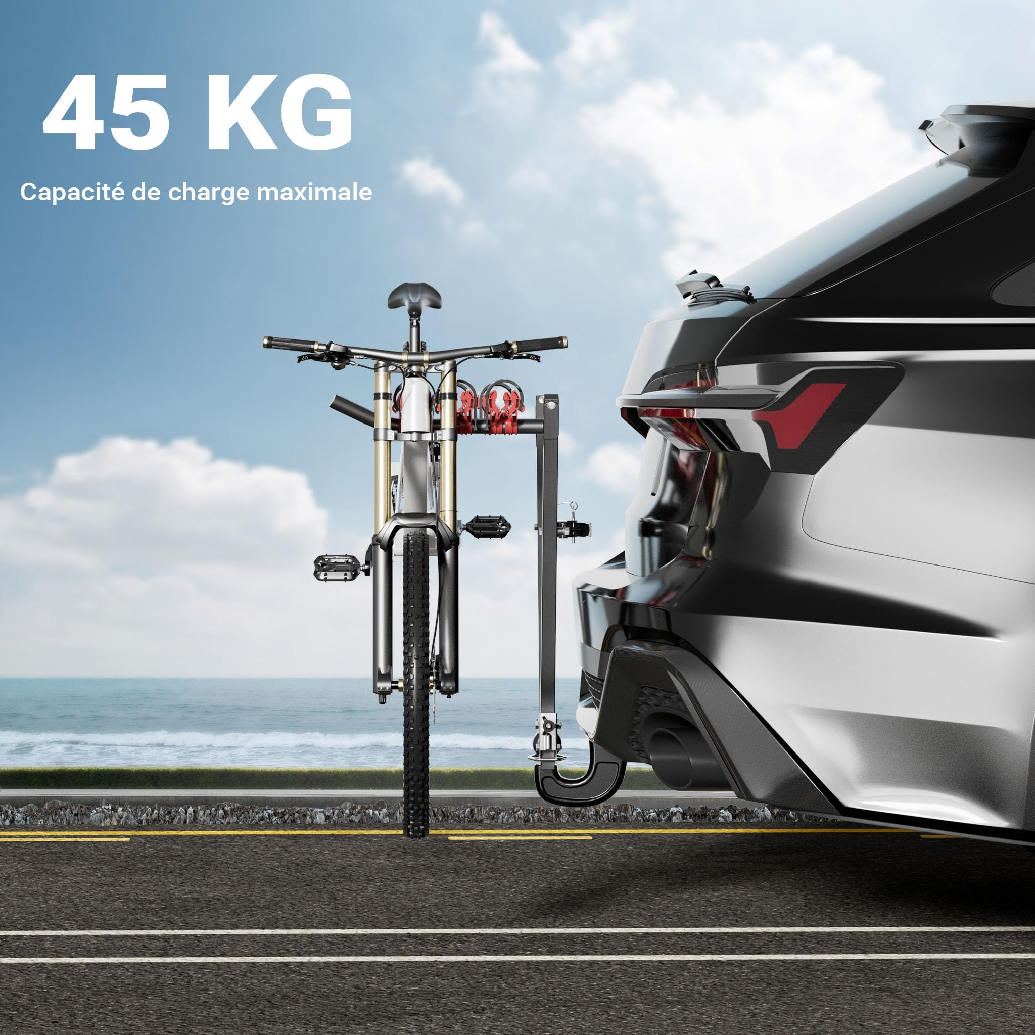 Wiltec Porte vélos d’attelage – capacité 3 vélos, 45 kg – en Acier Q235 – pour Boule d’attelage – vélos Tout Terrain, VTT, VAE, vélos électriques – avec Sangles en Nylon