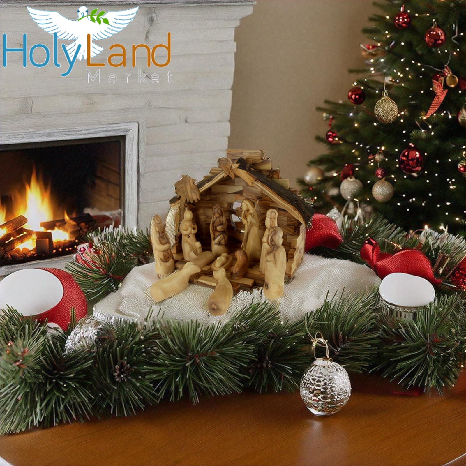 Holy Land Market Krippen-Set aus Olivenholz, Bethlehem, Deluxe, handgeschnitzt, Braun