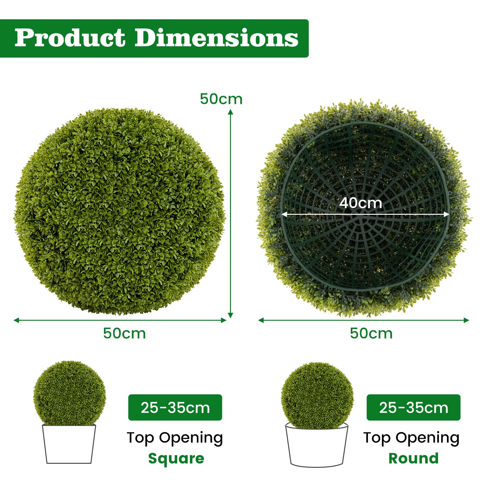 GIANTEX Juego de 2 Bolas Decorativas de Planta Artificial, Plantas Esféricas de 50 cm, con Hojas Simuladas Resistente al Sol, Planta Decorativas para Balcón, Patio, Hogar, Boda (50 cm)