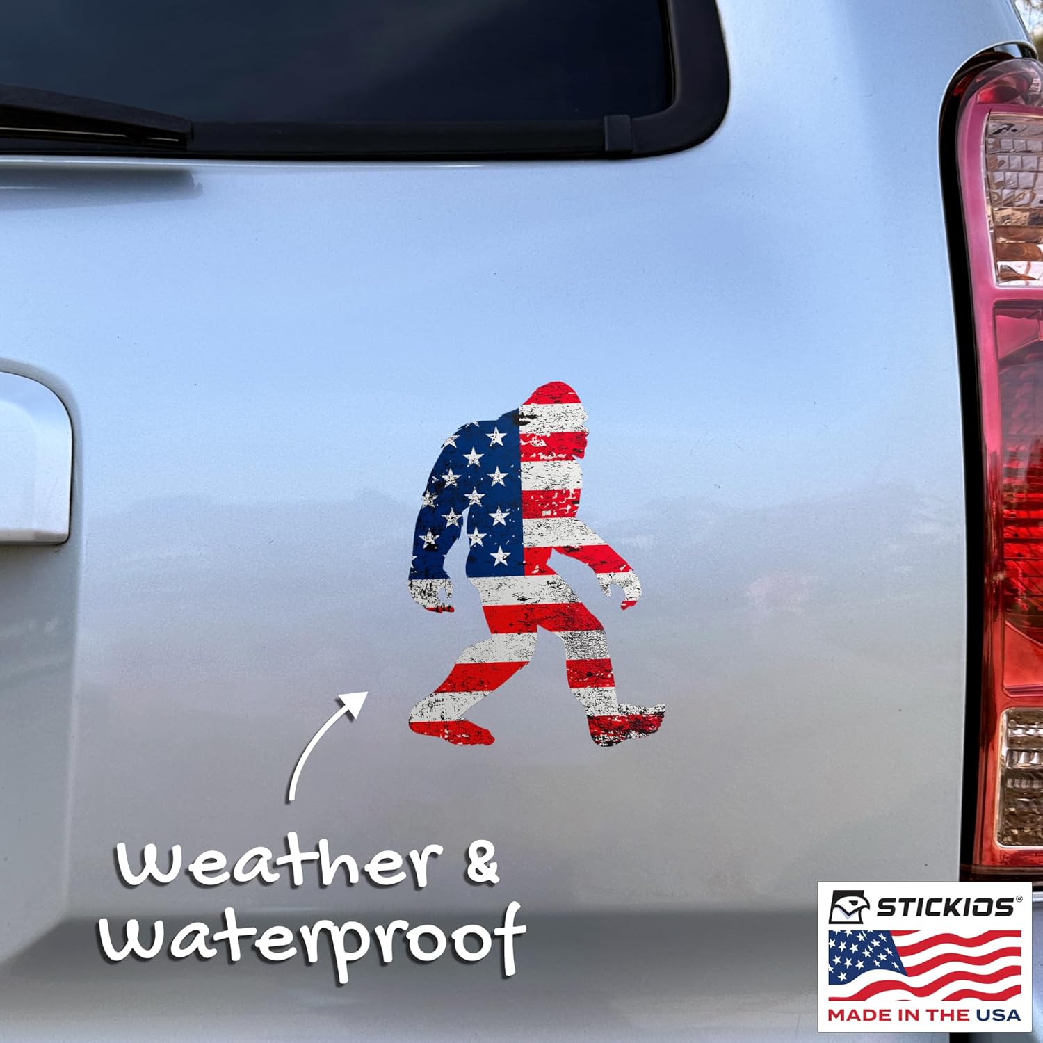 Stickios Bigfoot Decal - Distressed American Flag Sasquatch Vinyl Bumper Sticker for Cars, Trucks & Vehicle Windows - Made in USA - Patriotic Squatch Cutout (3.8x5.4 inches) - Image 3