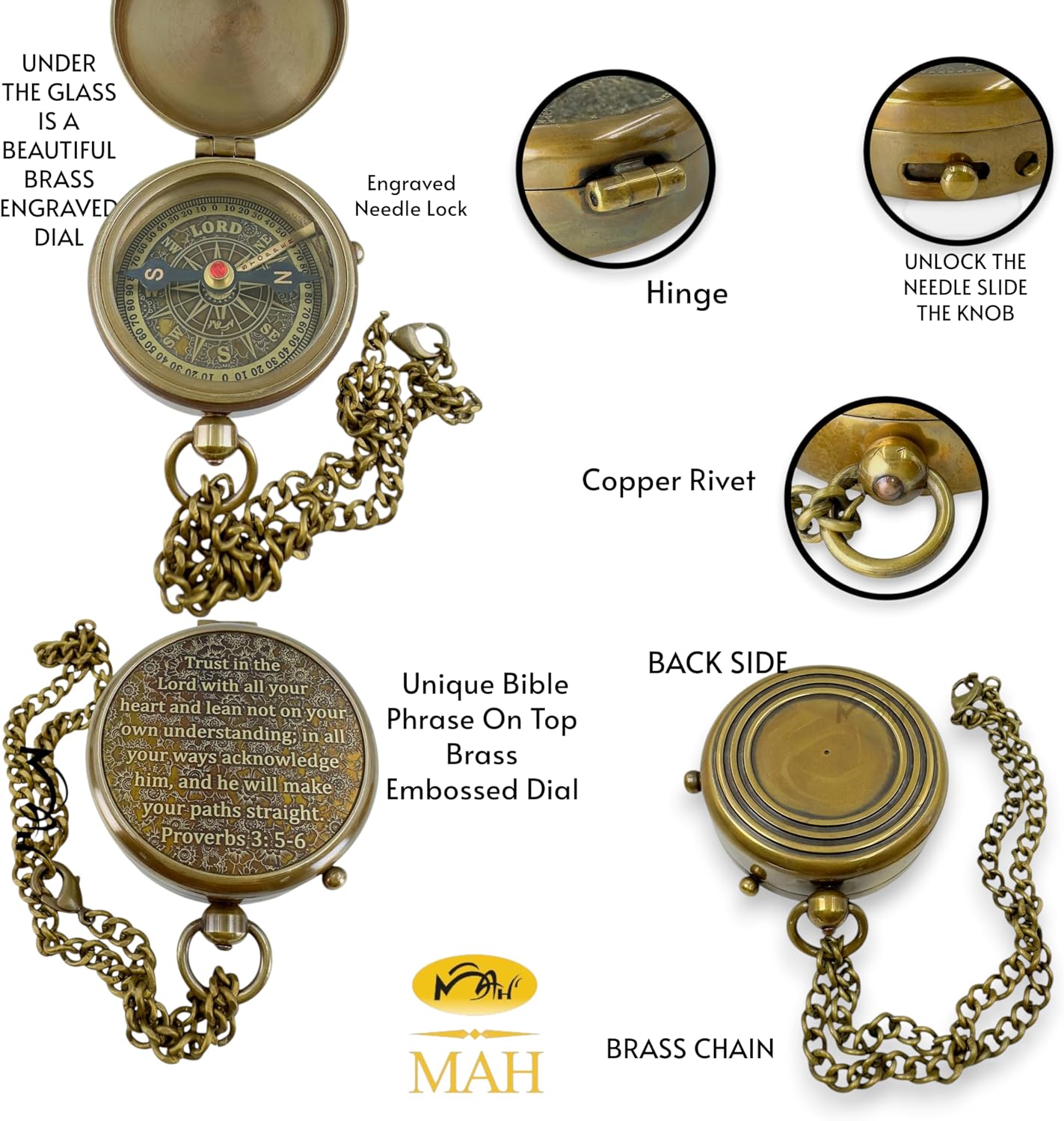 Handmade Religious Brass Compass Gift with Engraved & Embossed Faith Messages – Inspirational Christian Religious Gift Keepsake for Baptism, Confirmation, Christening, First Communion or Christmas