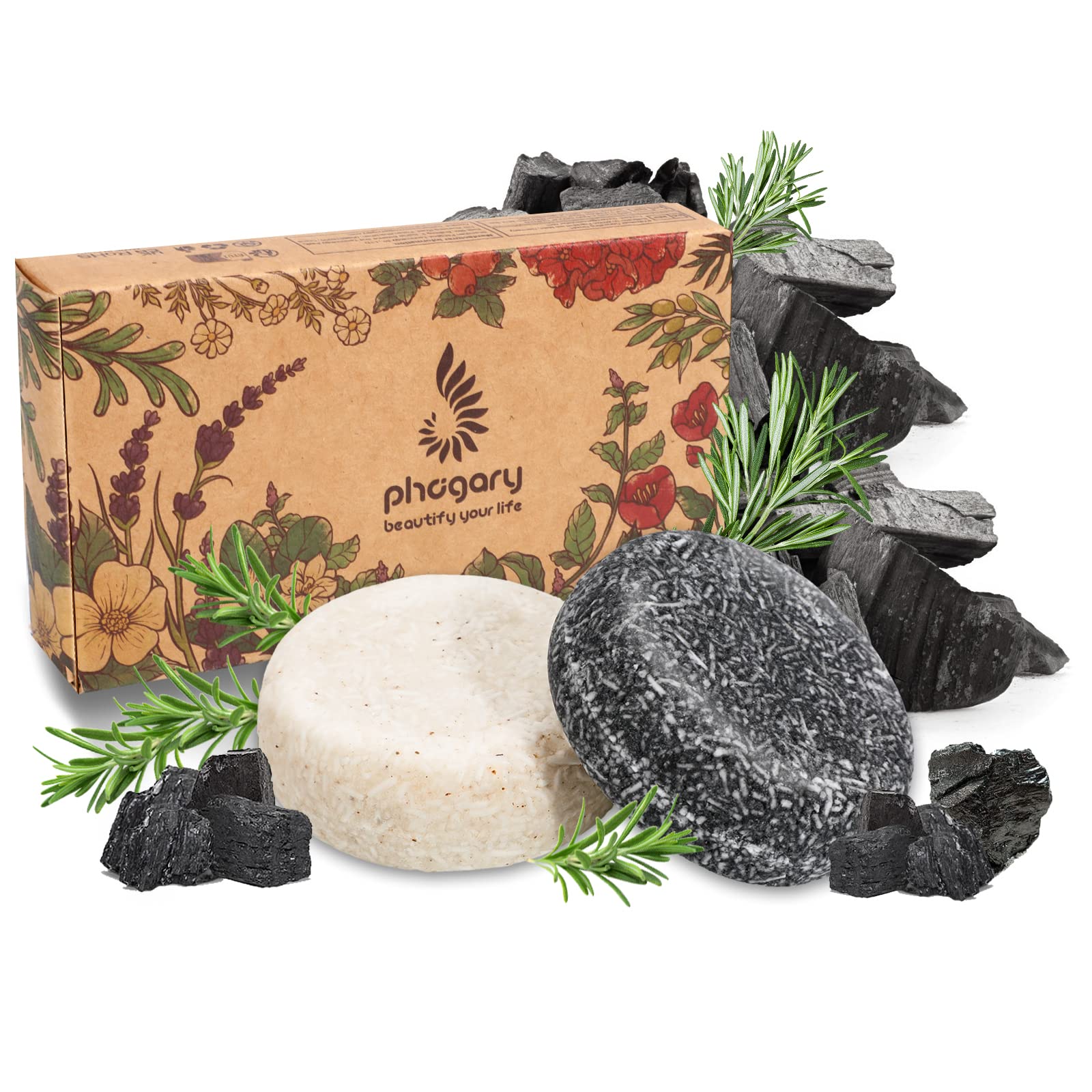 PHOGARY 2PCS Shampoo Bar - Organic Hair Soap (Rosemary+Bamboo Charcoal) Various Plant Essence Shampoo Natural Hair Care with Plant Extracts, Moisturizes Hair and Clean Scalp Pores Anti Dandruff 3.88oz