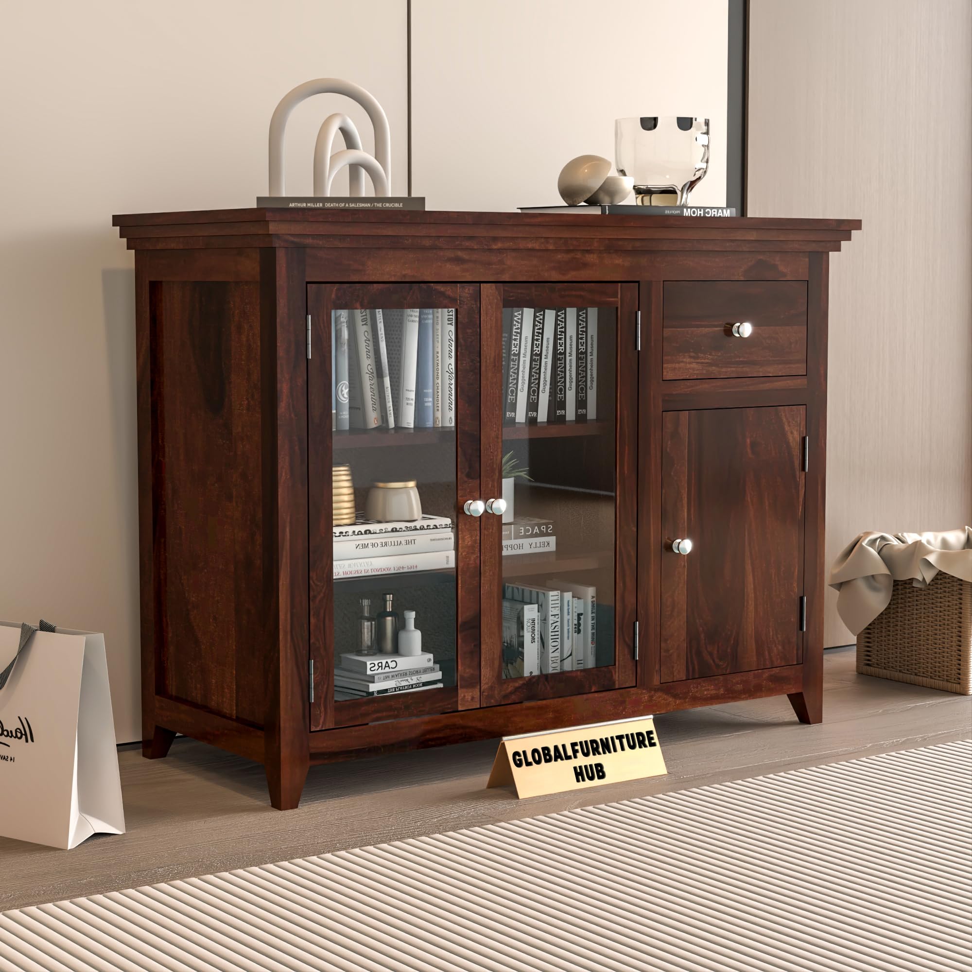 GFH Wood Kitchen Cabinet with Acrylic Glass Door, Storage Cabinet Racks, Home Kitchen Furniture, Crockery Rack, Display Unit, Wooden Chest of Drawers (Walnut Finish)