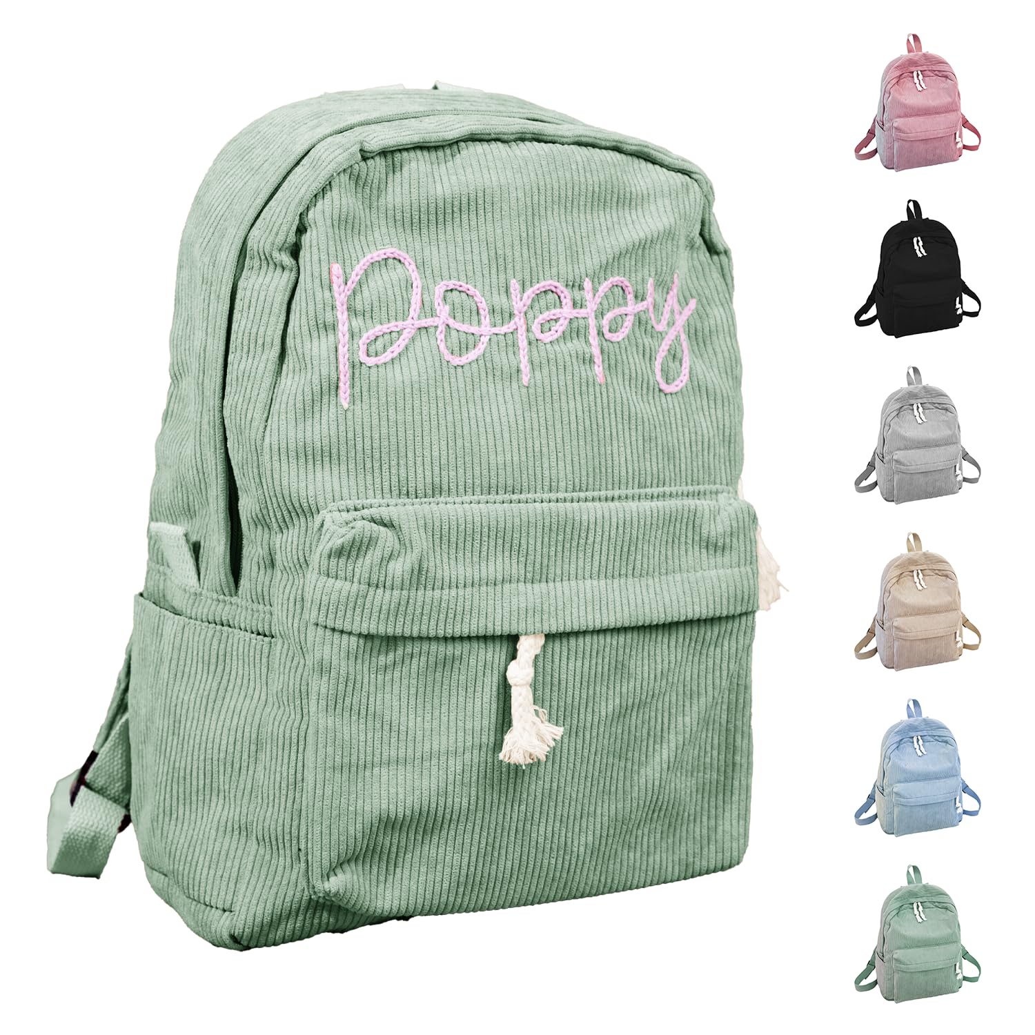 REQTYUI Customizable Corduroy Backpack with Name Embroidery - Lightweight, Perfect for School Trips and Laptop Carrying (Green)