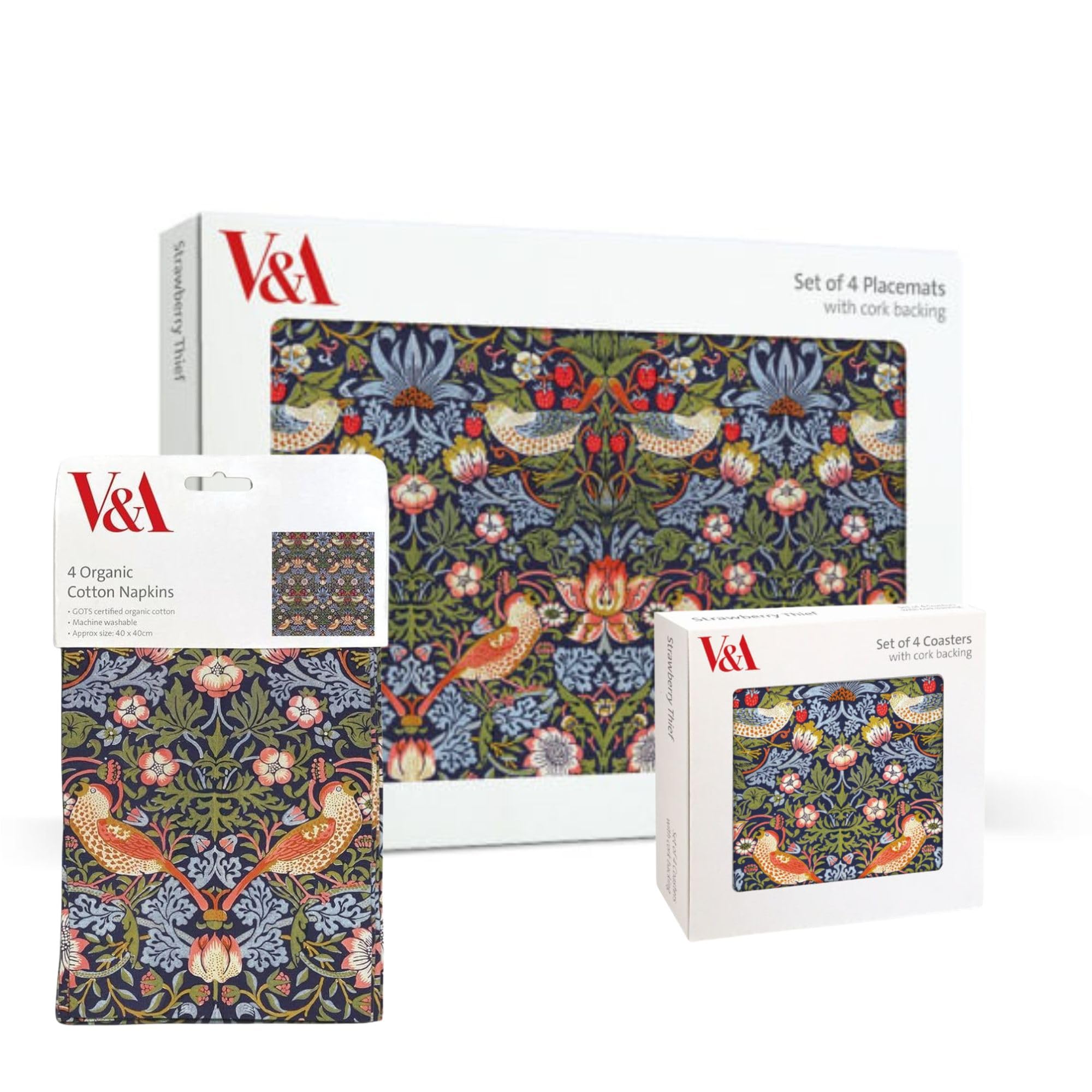 Museums & Galleries Set of Cork Backed Placemats, Coasters and Cotton Napkins - 4 of each - William Morris Strawberry Thief Design - V&A Statement Tableware Set for Stylish Dining