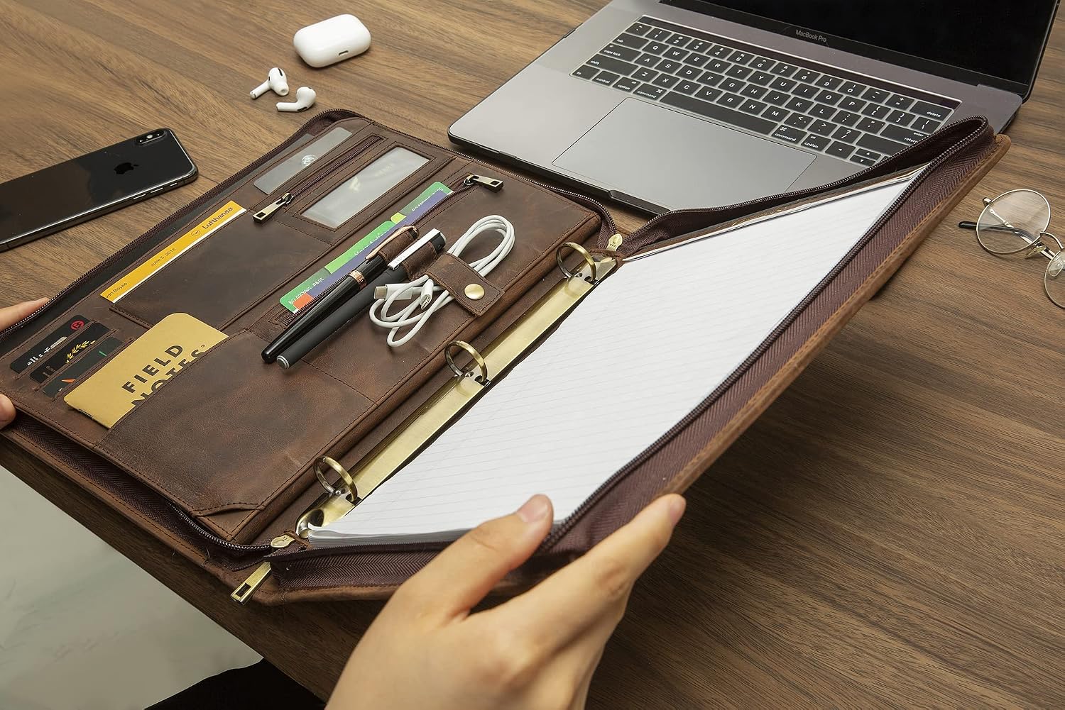 Engraved Business Portfolio, Custom Leather Portfolio for Men, 3 Ring Portfolio Binder for Women, Personalized Leather Padfolio with 3 Ring Binder (Dark Khaki, Custom)