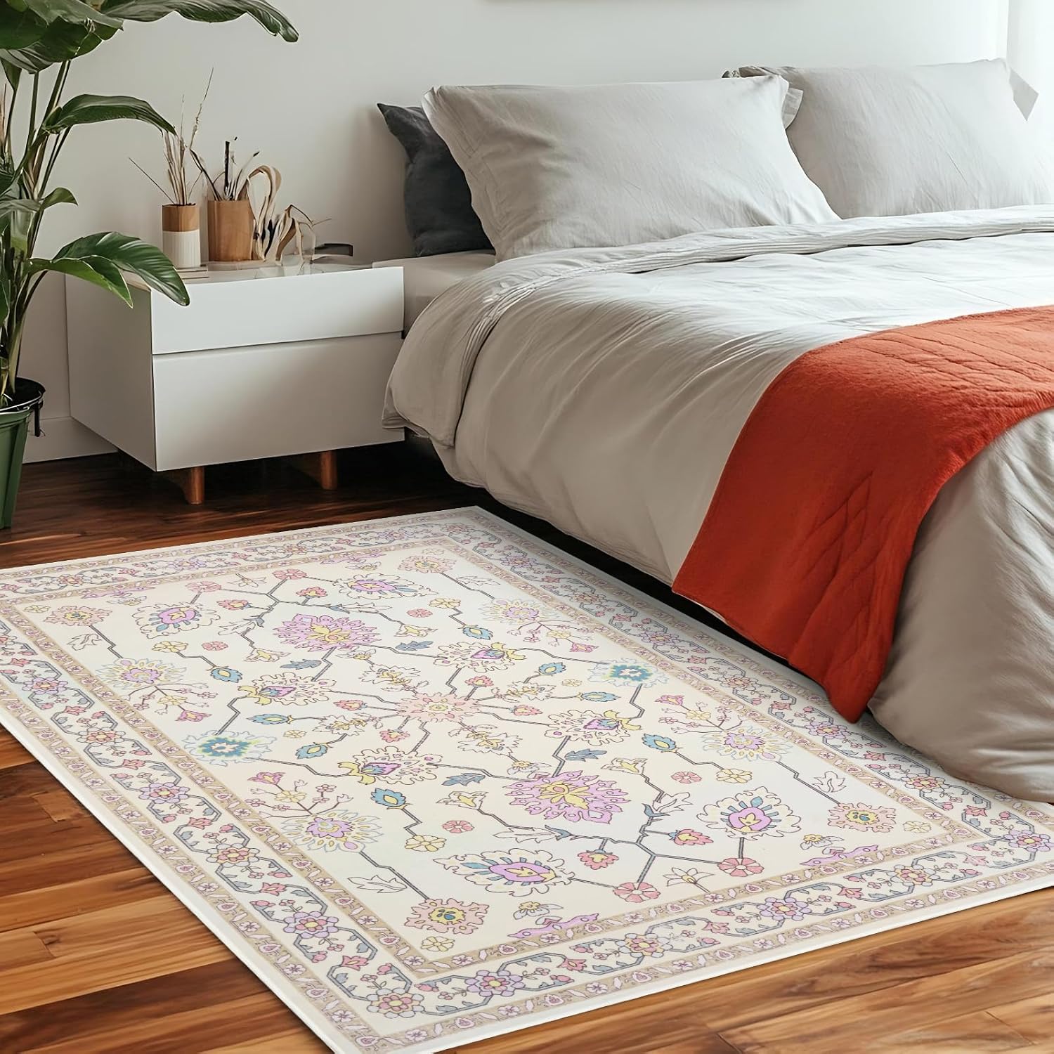 MOSISO 3x5 Area Rug for Bedroom, Soft Non-Slip Indoor Floor Low Pile Carpet, Classical Flowers Faux Wool Rectangular Washable Area Rugs for Home Decor Bedroom Dining Living Room Entryway, Beige
